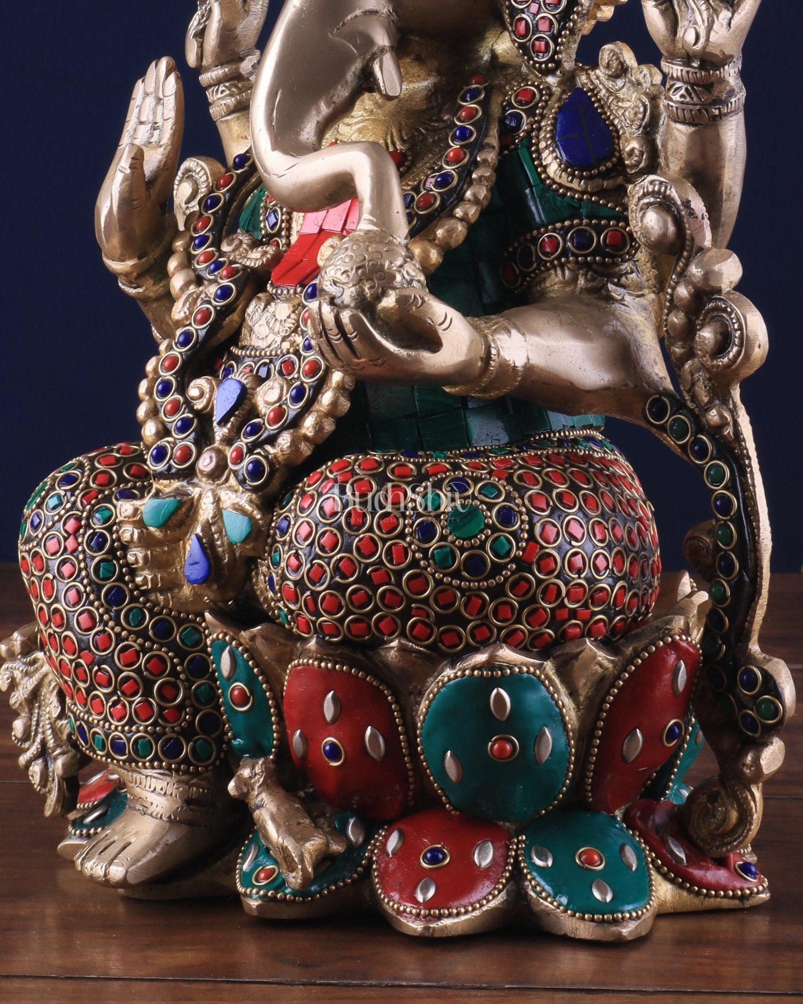 Brass Ganesha Idol with Meenakari Stonework - 12"