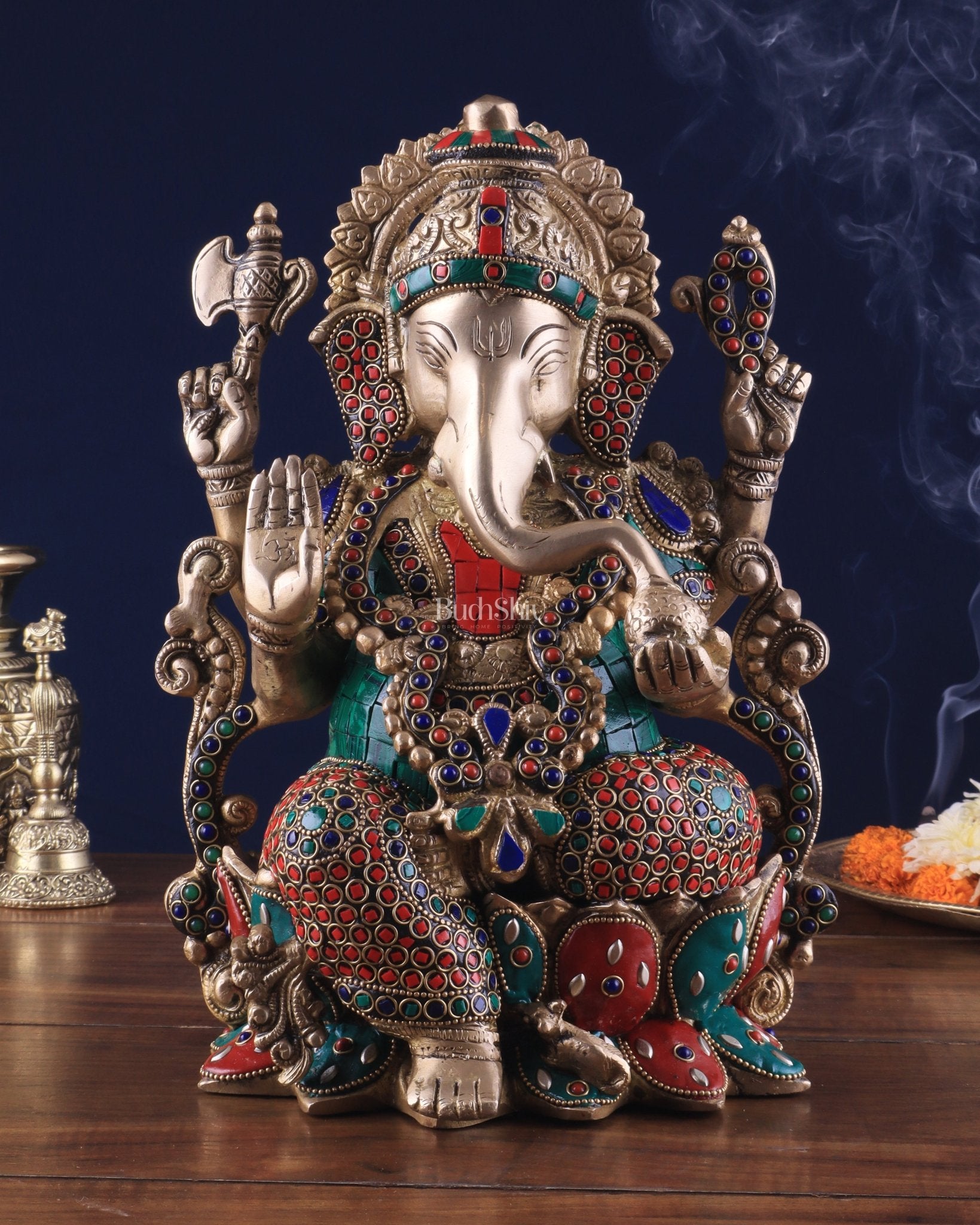 Brass Ganesha Idol with Meenakari Stonework - 12"