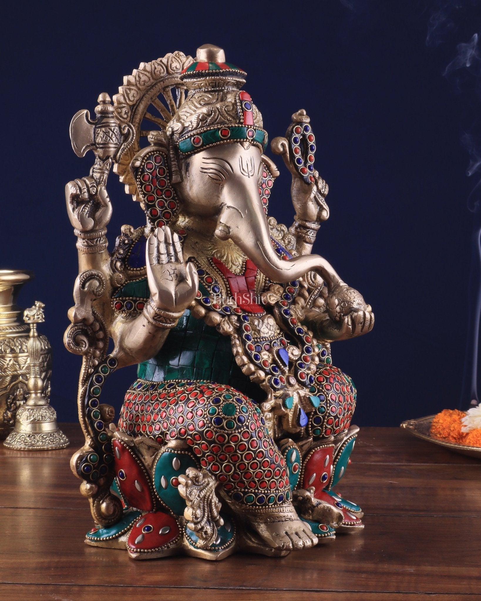 Brass Ganesha Idol with Meenakari Stonework - 12"