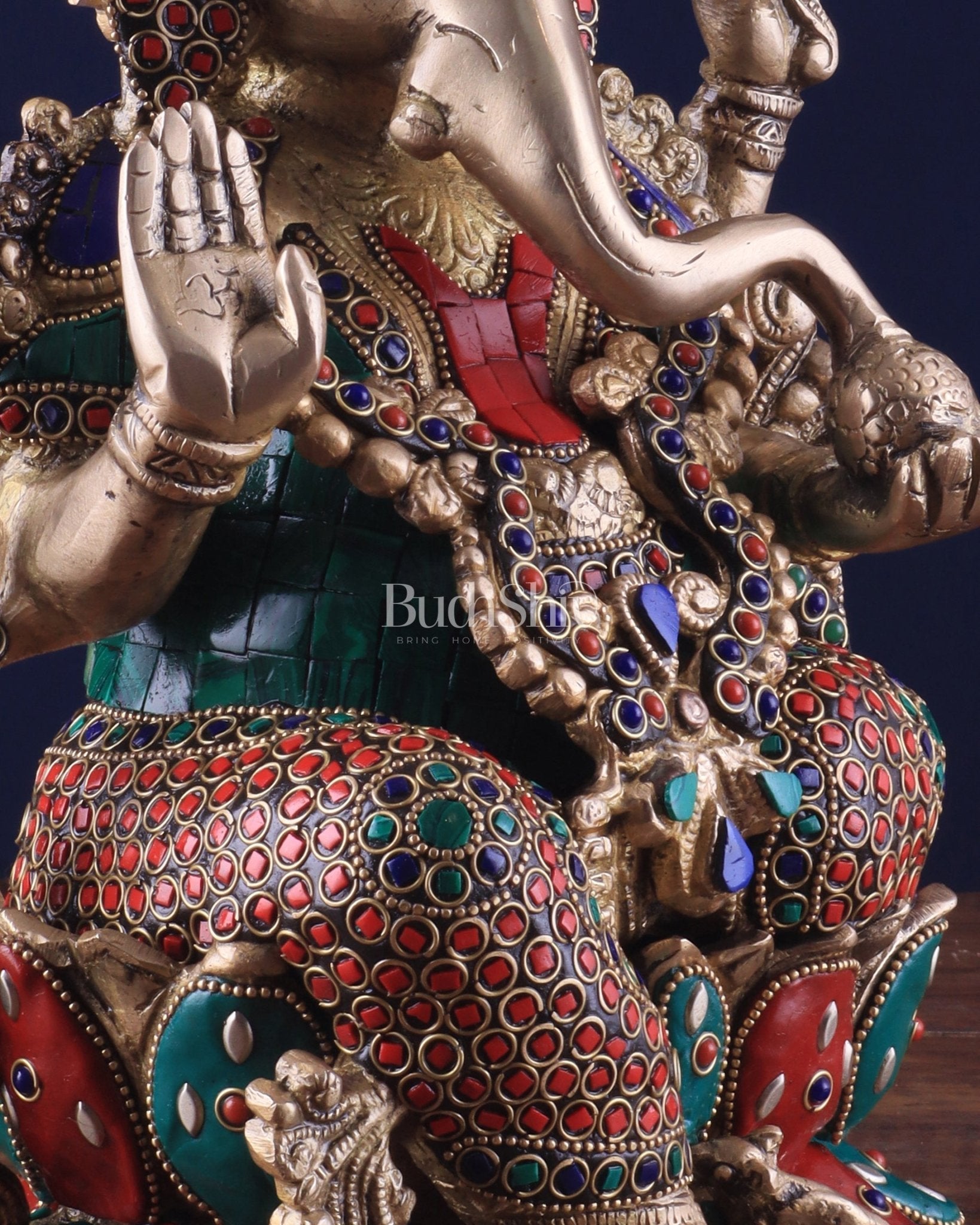 Brass Ganesha Idol with Meenakari Stonework - 12"