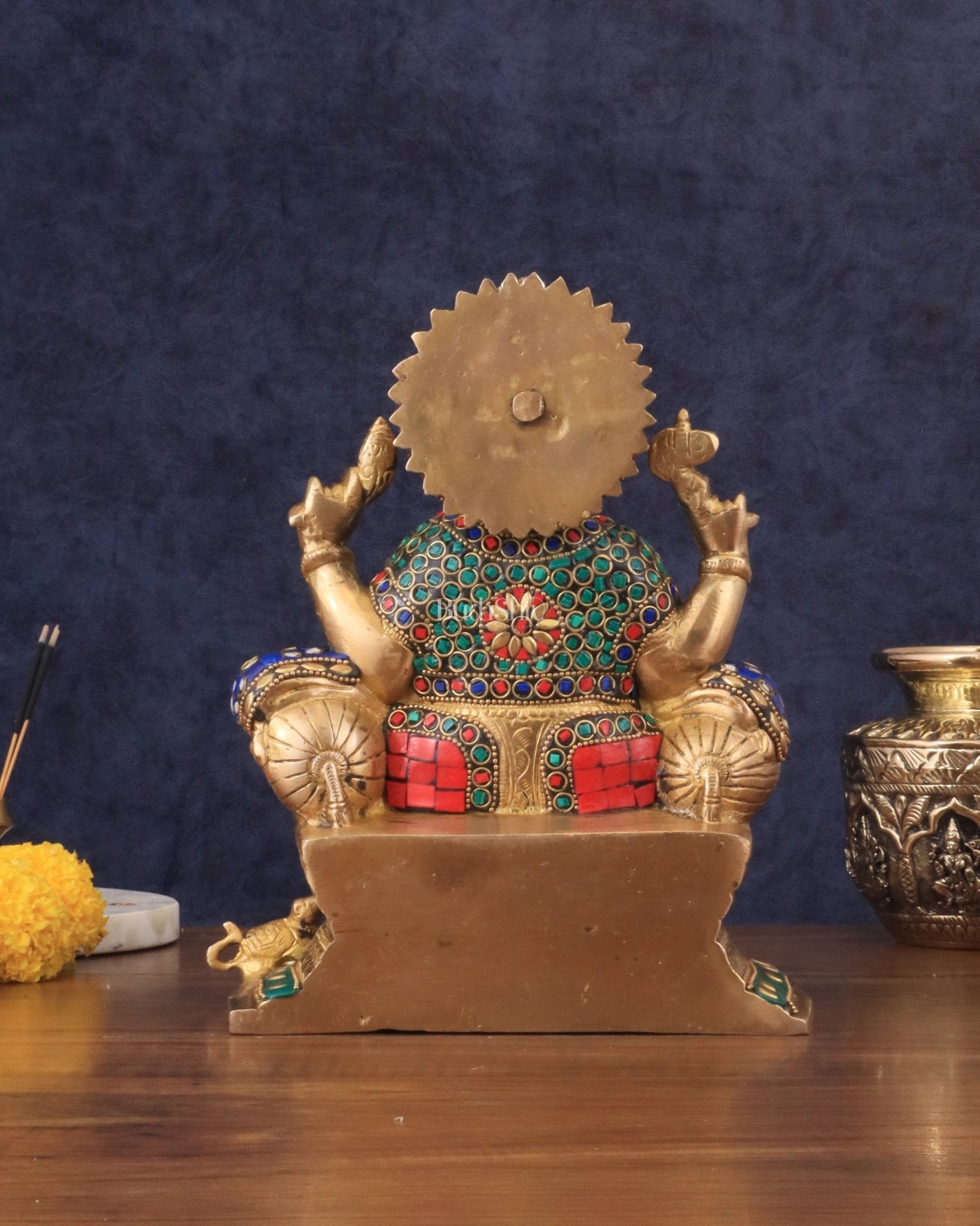 Brass Ganesha murti with Meenakari Stonework | 10" Height