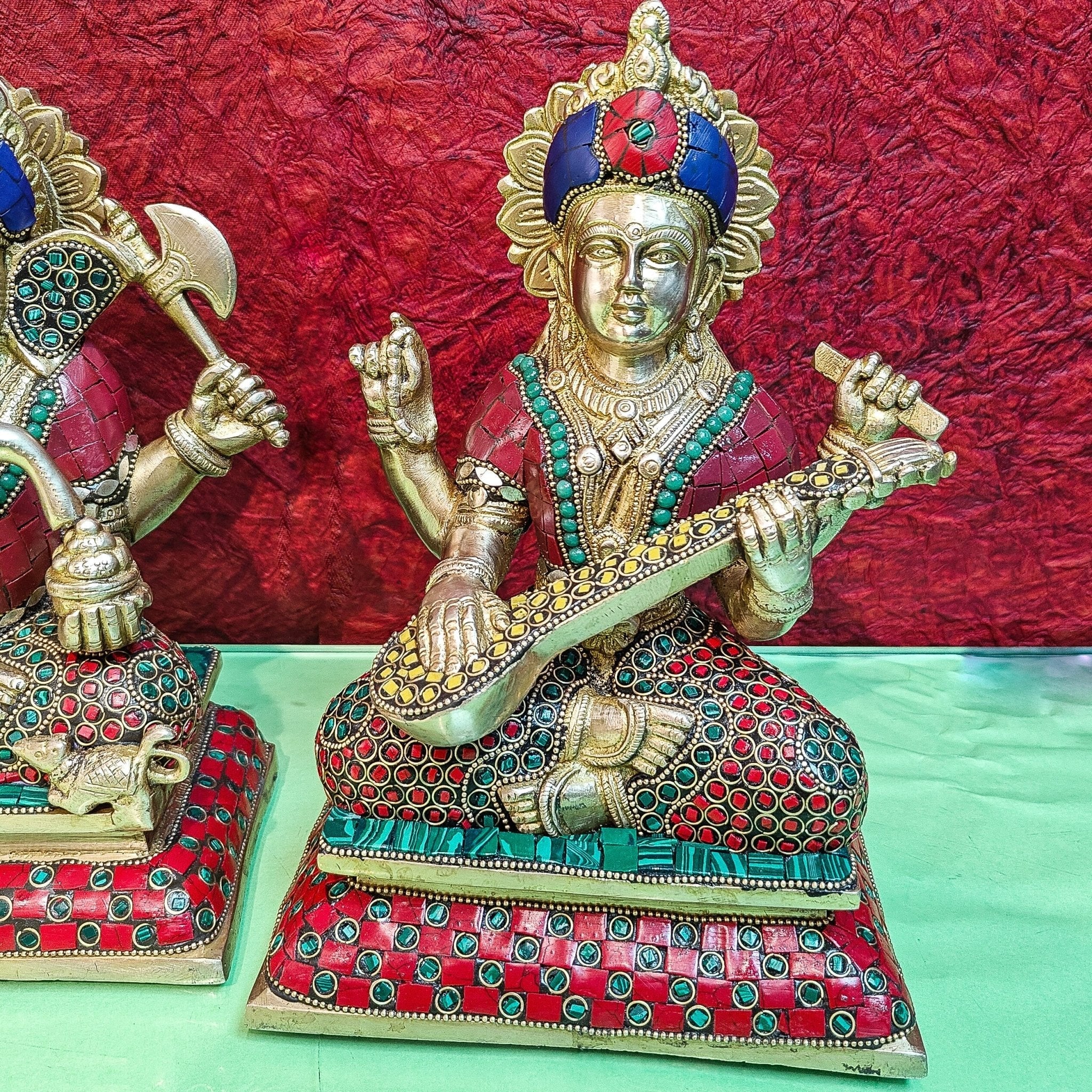 Brass Handcrafted Lord Ganesha, Goddess Lakshmi, and Saraswati idols - Set 10"