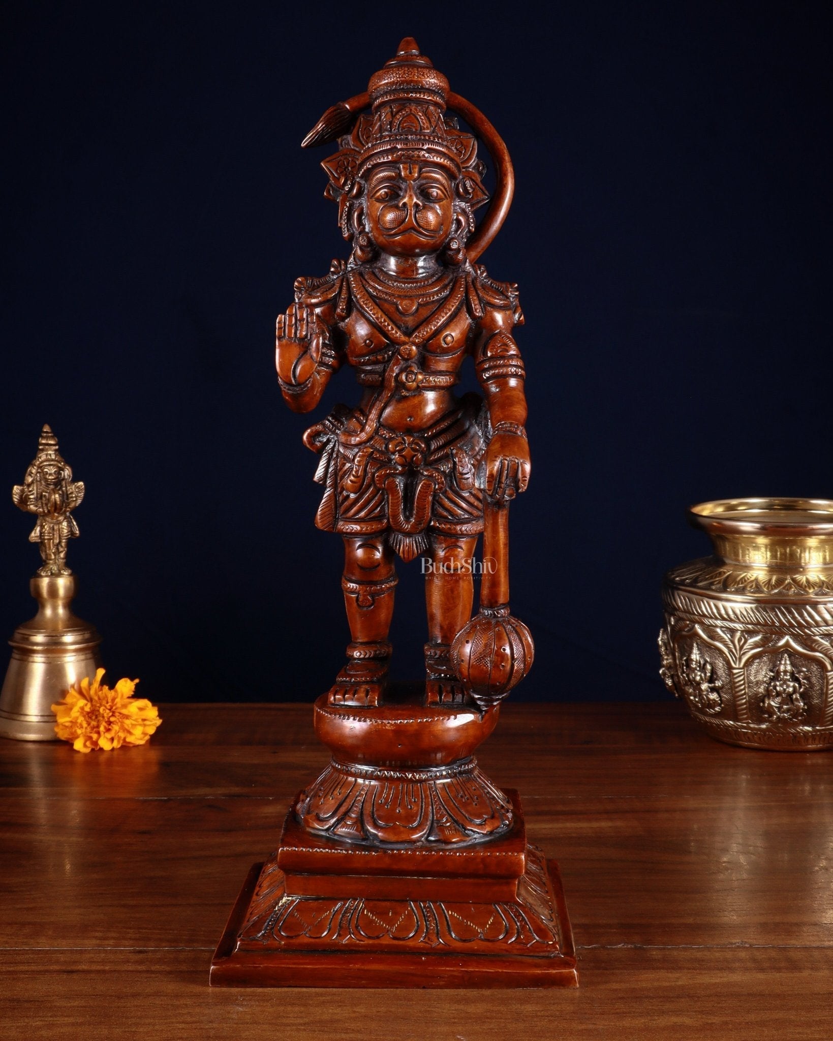 Brass Hanuman statue in Blessing Mudra 12" Vintage dark red tone