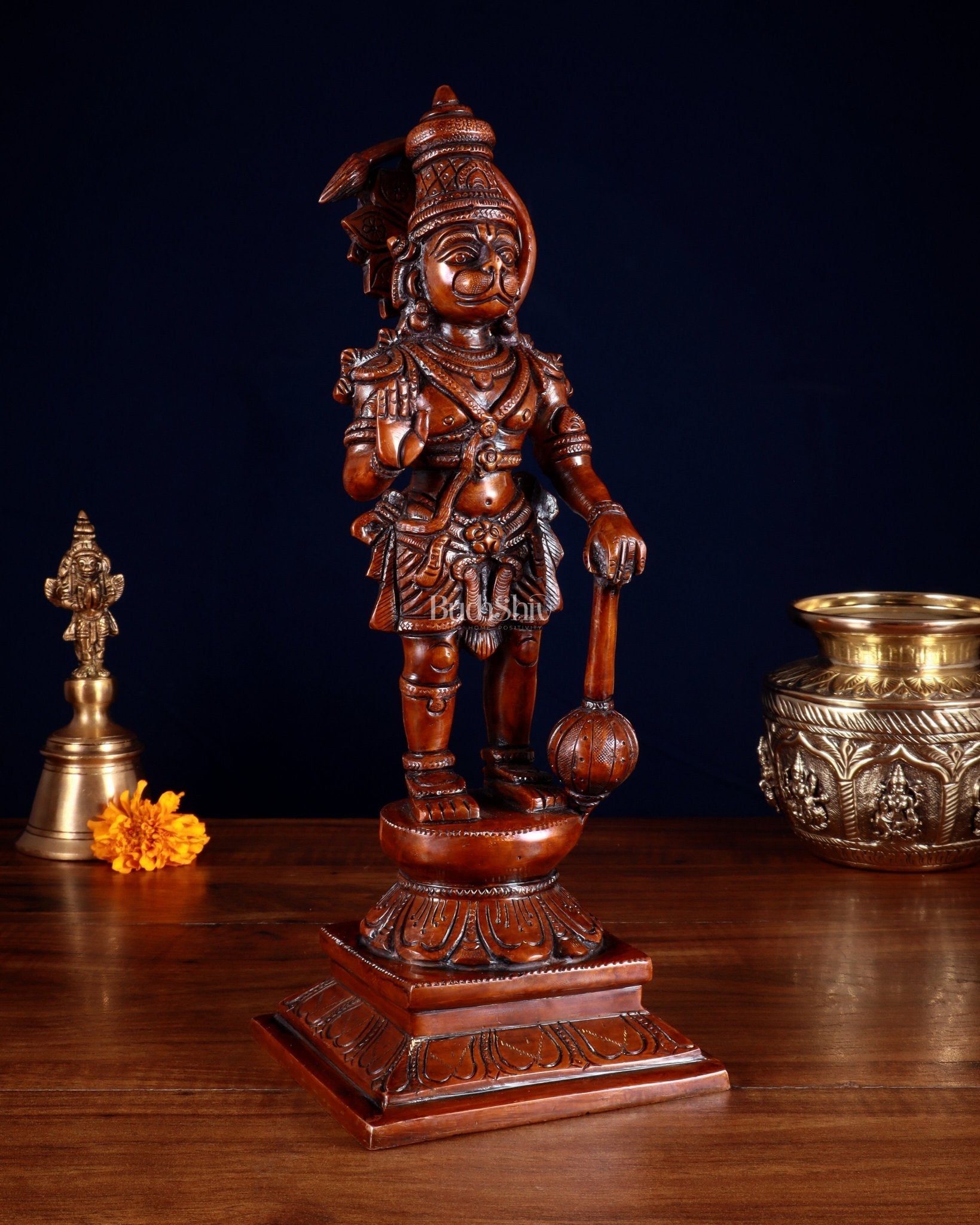 Brass Hanuman statue in Blessing Mudra 12" Vintage dark red tone