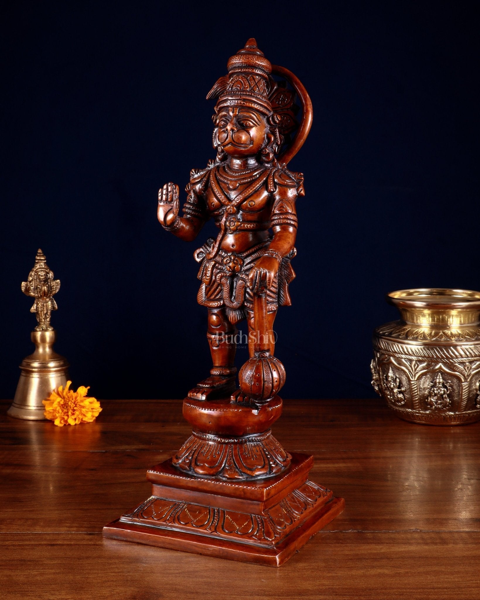Brass Hanuman statue in Blessing Mudra 12" Vintage dark red tone