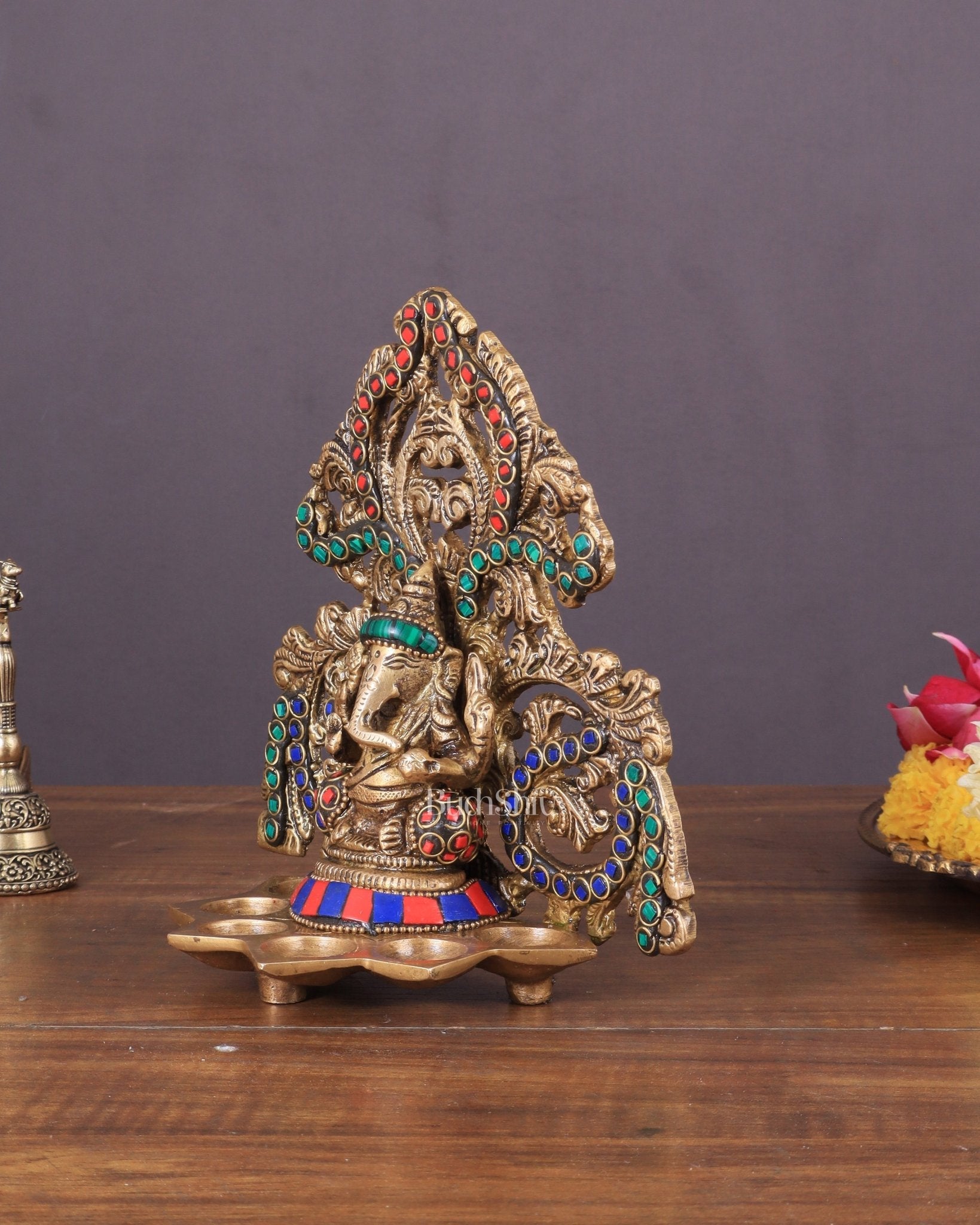 Brass Lord Ganesha and Goddess Lakshmi Panchdeep with stonework