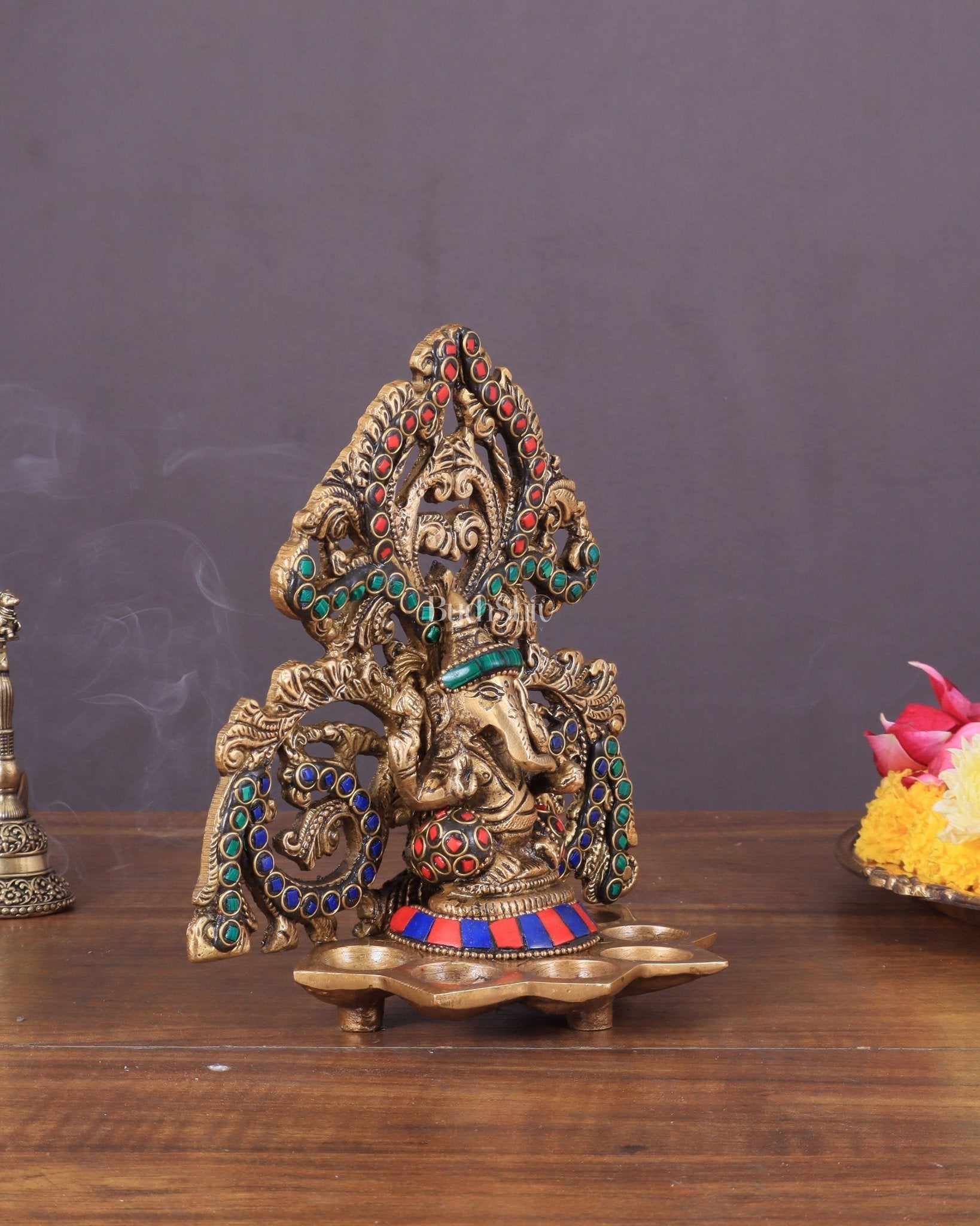 Brass Lord Ganesha and Goddess Lakshmi Panchdeep with stonework