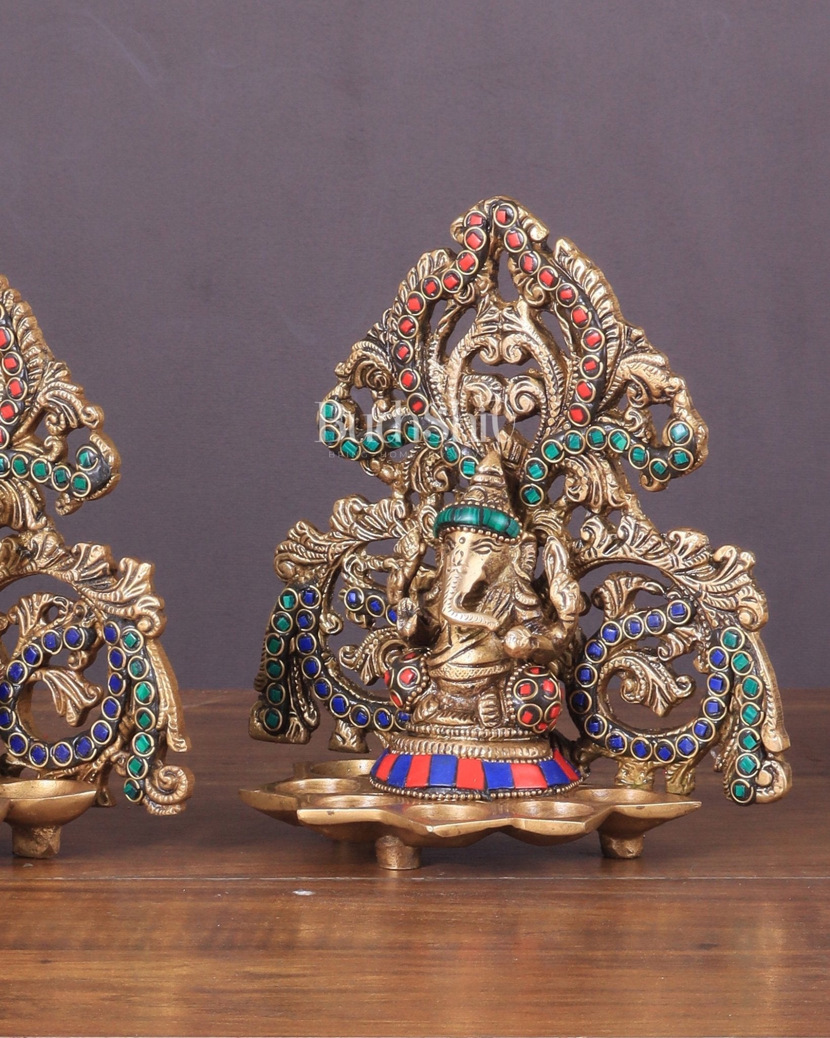 Brass Lord Ganesha and Goddess Lakshmi Panchdeep with stonework