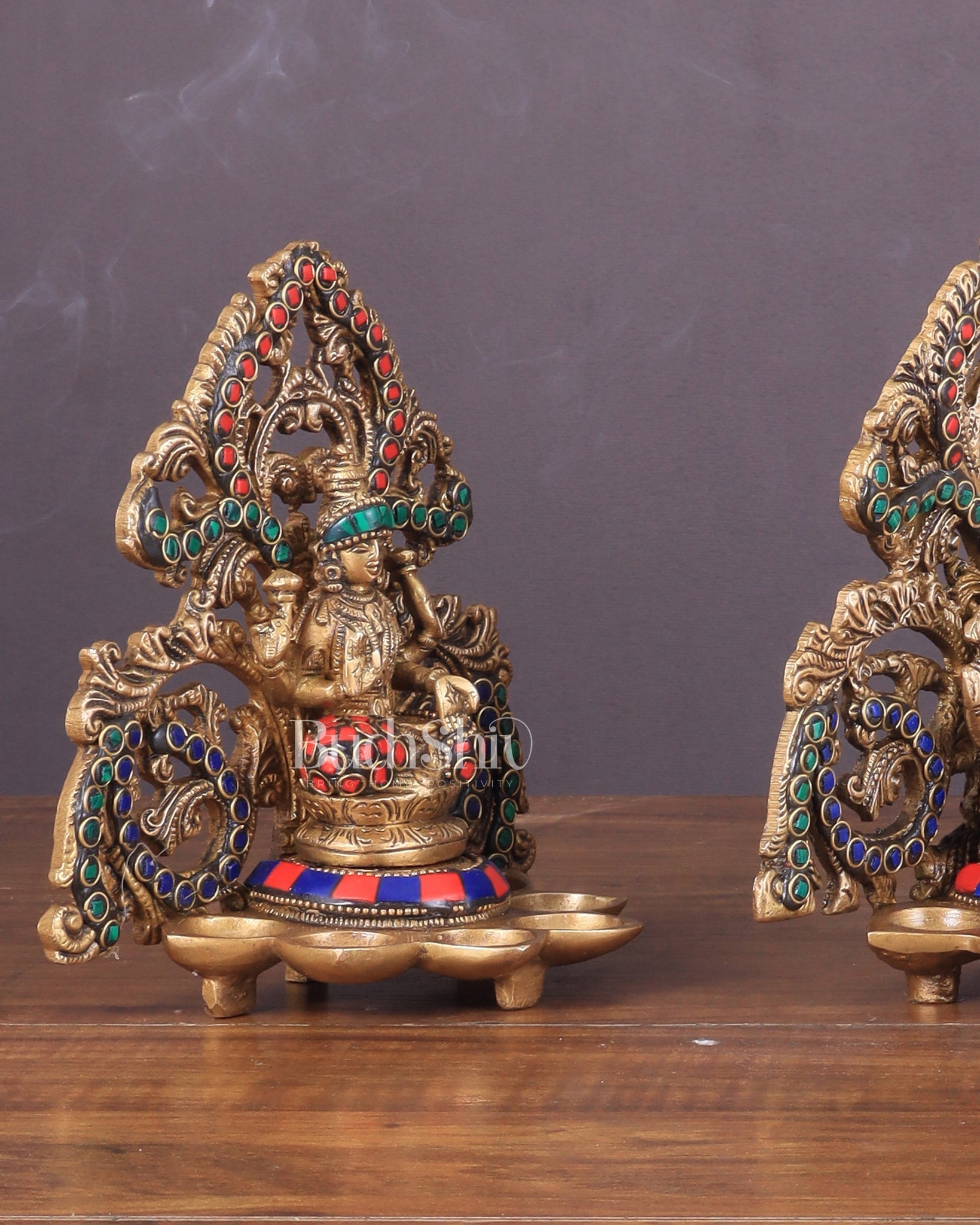 Brass Lord Ganesha and Goddess Lakshmi Panchdeep with stonework