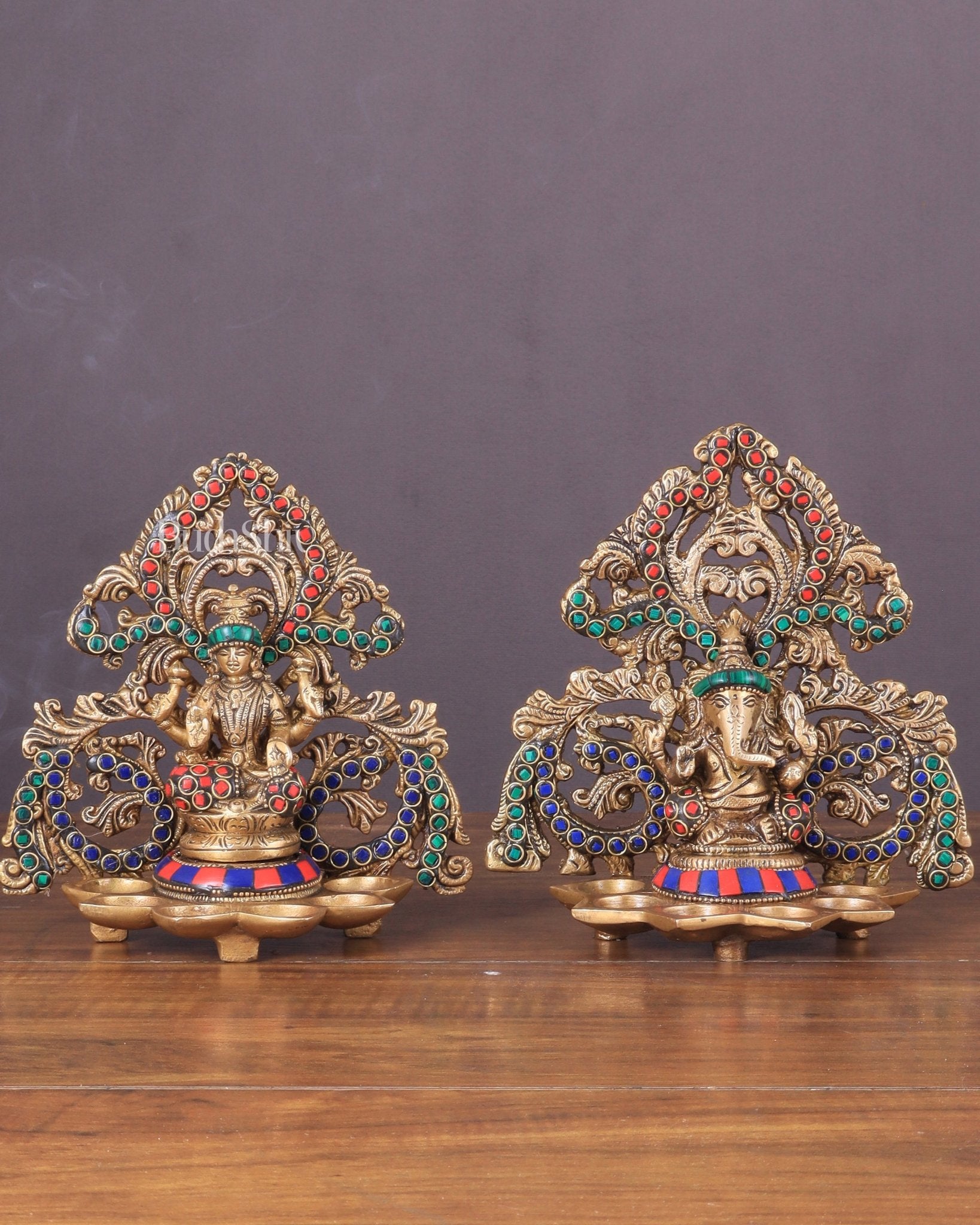 Brass Lord Ganesha and Goddess Lakshmi Panchdeep with stonework