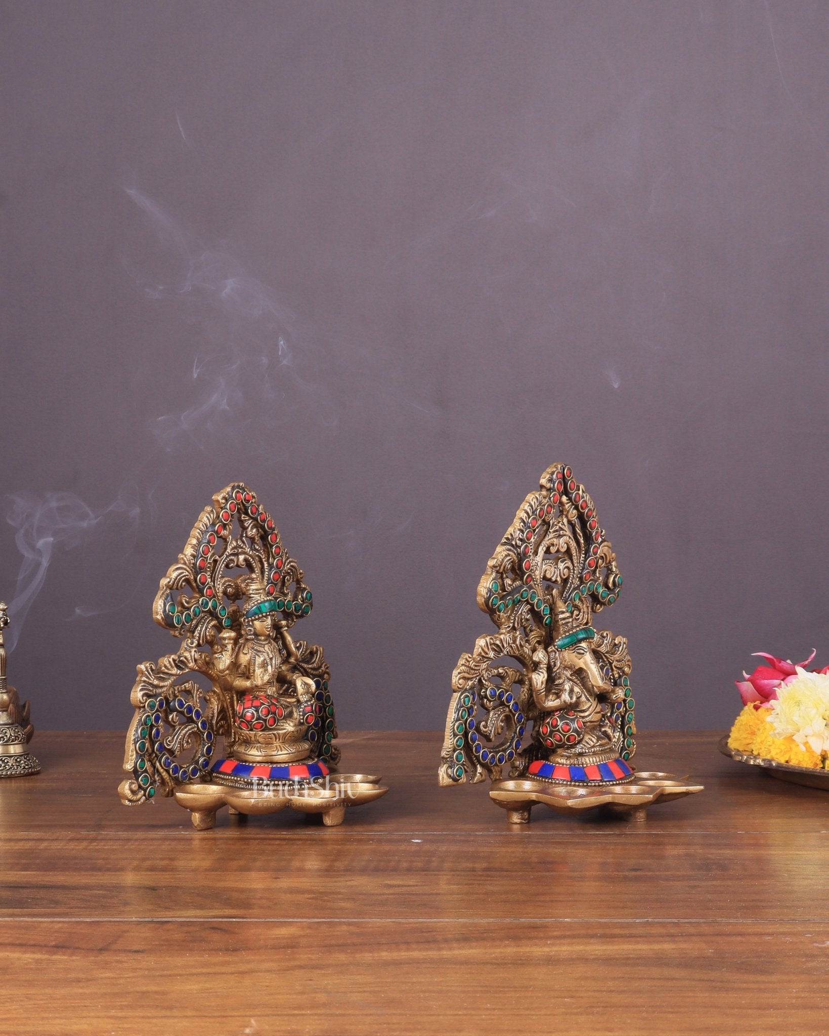 Brass Lord Ganesha and Goddess Lakshmi Panchdeep with stonework