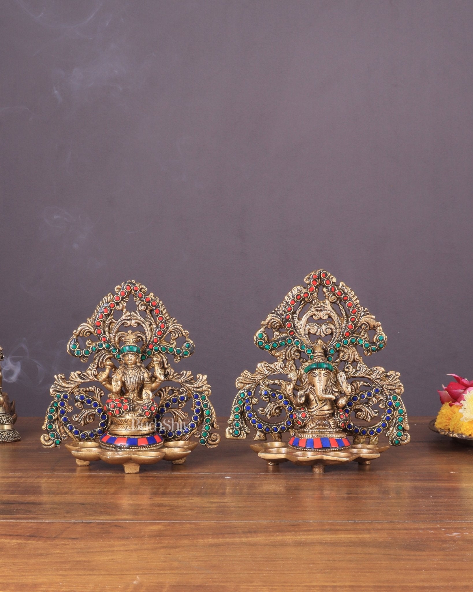 Brass Lord Ganesha and Goddess Lakshmi Panchdeep with stonework