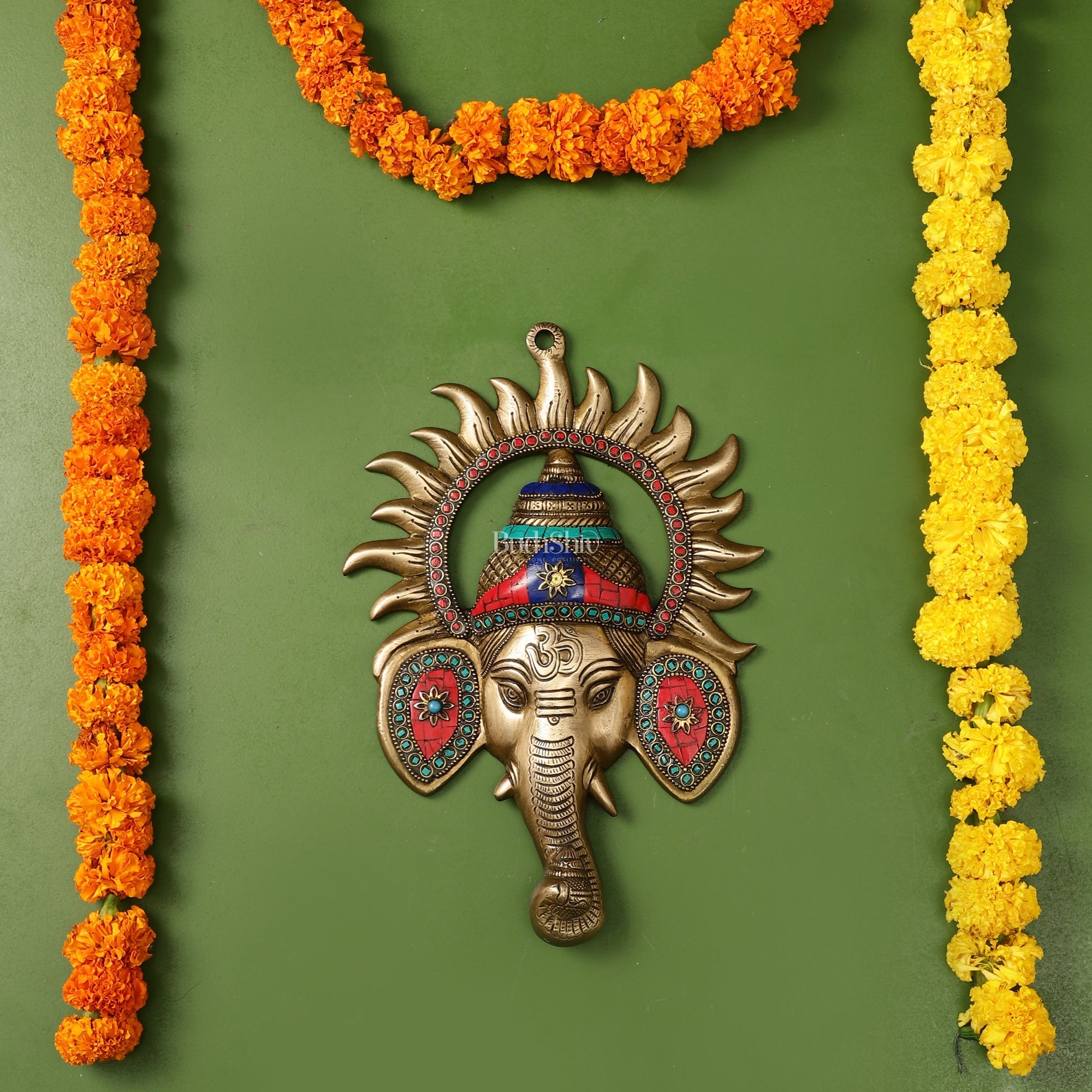 Brass Lord Ganesha Face Wall Hanging with Stonework - 11x7.5 inch
