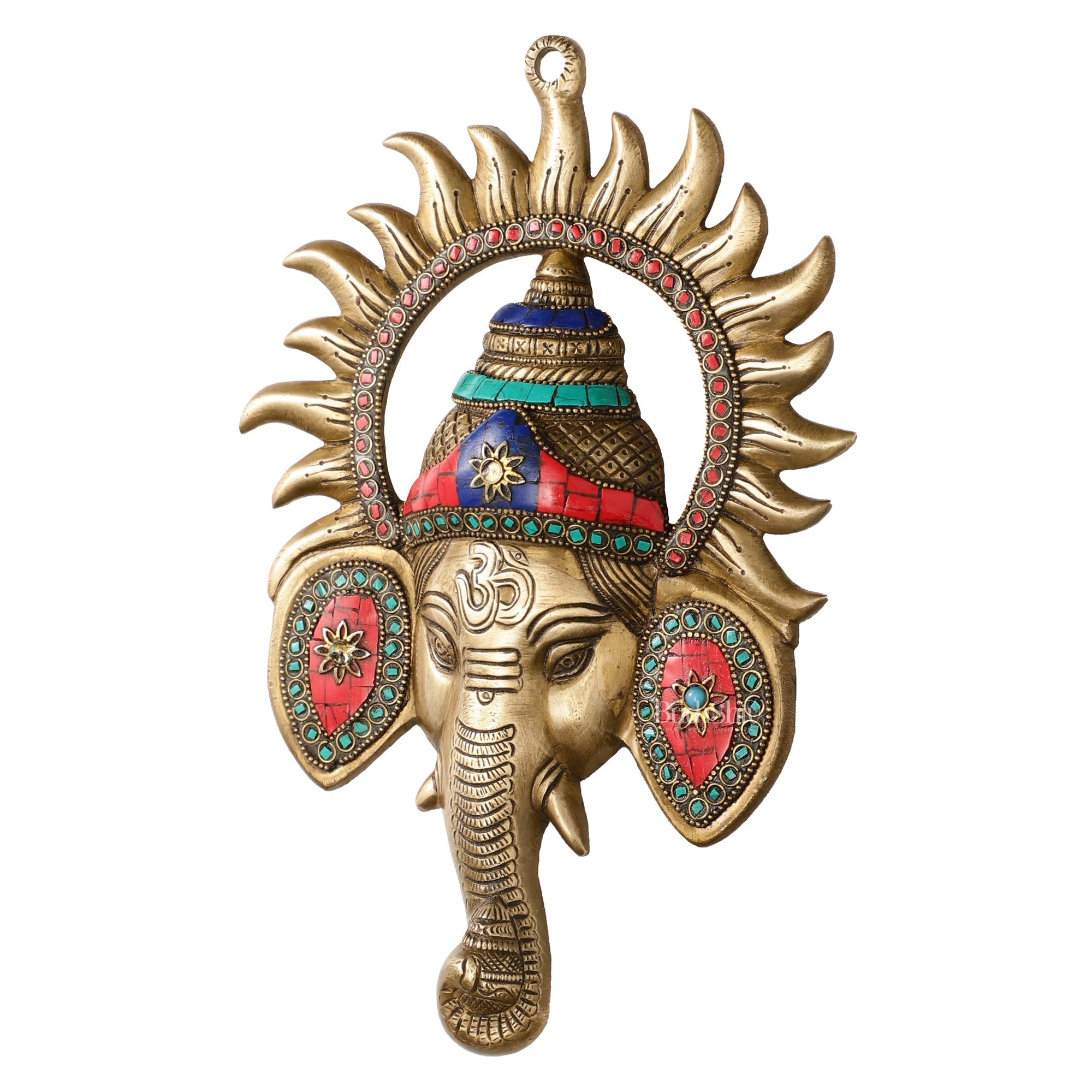 Brass Lord Ganesha Face Wall Hanging with Stonework - 11x7.5 inch