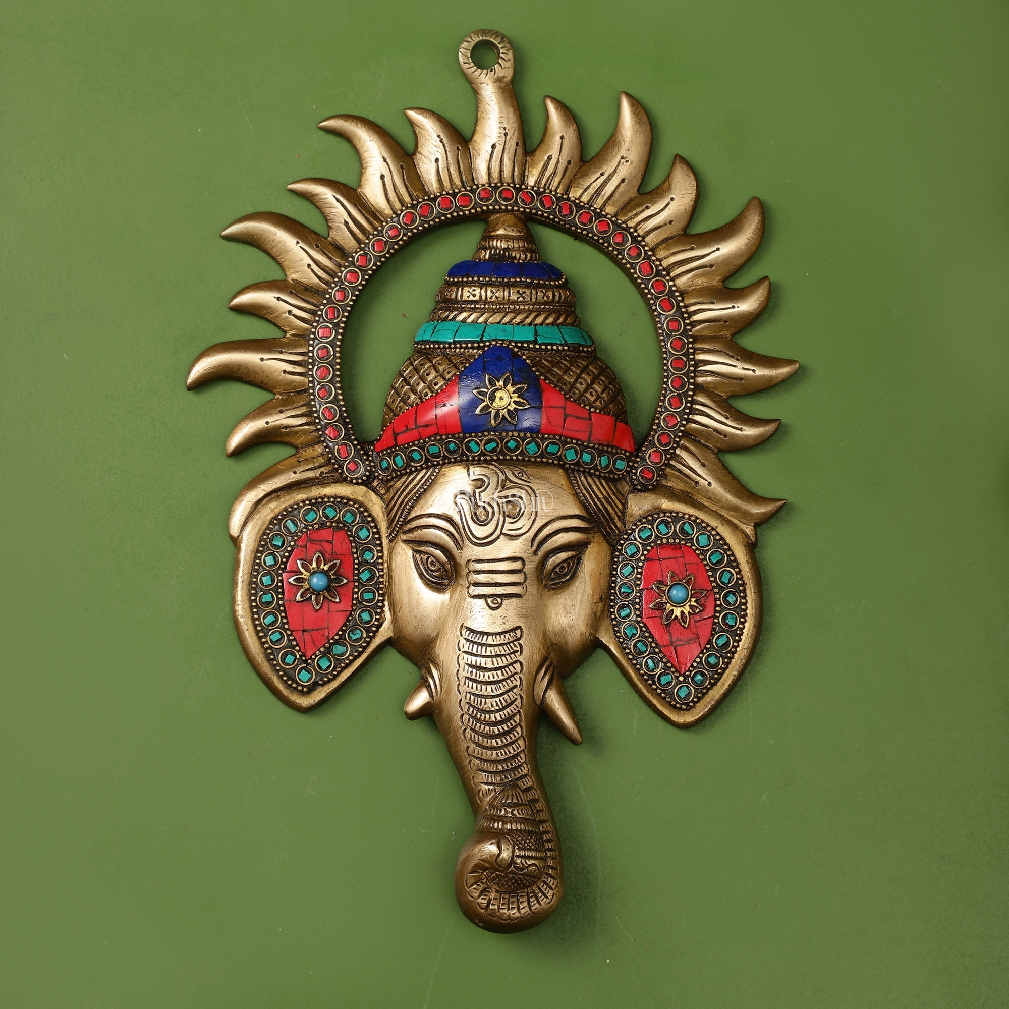 Brass Lord Ganesha Face Wall Hanging with Stonework - 11x7.5 inch