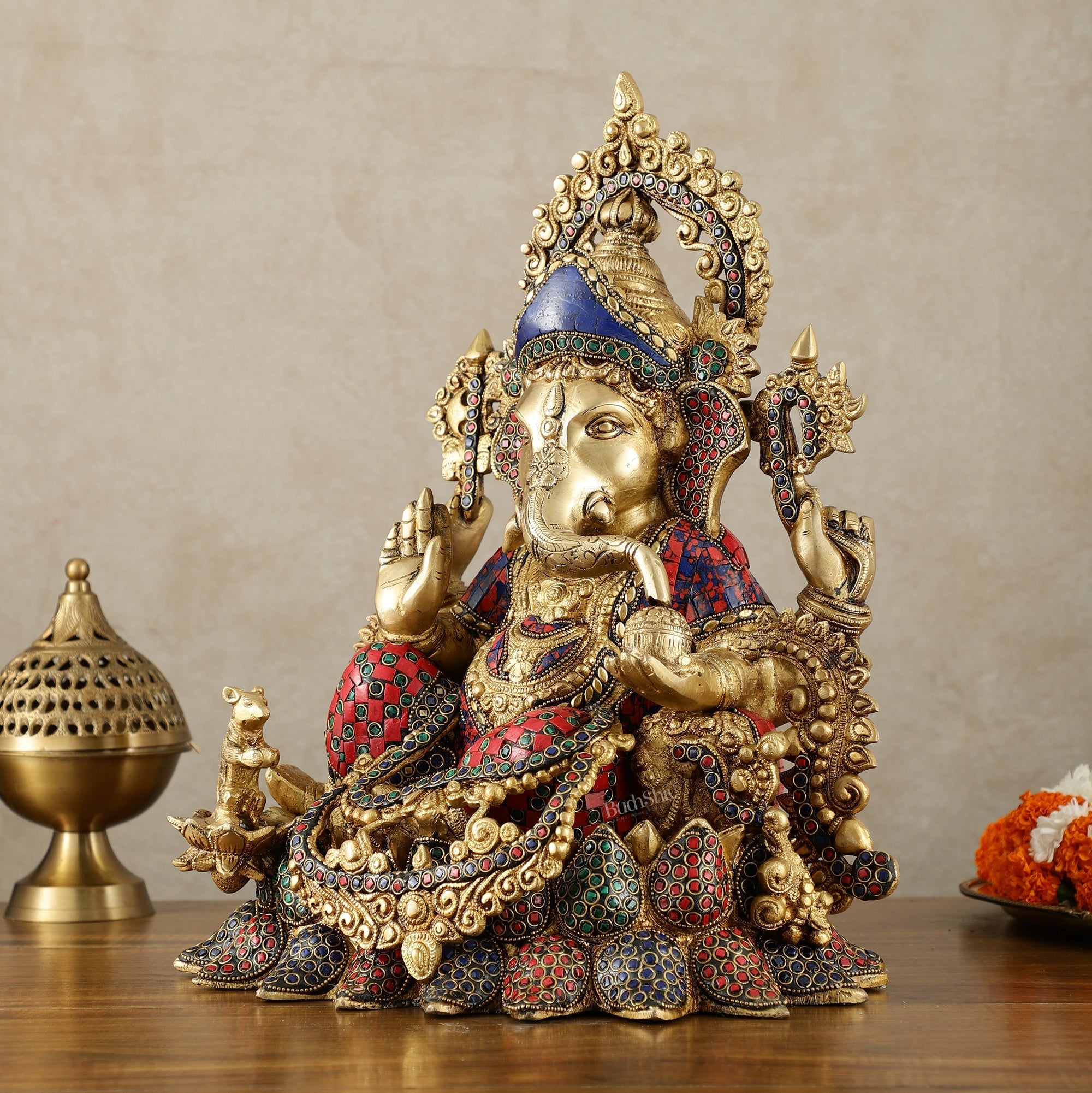 Brass Lord Ganesha statue with sharp features - 16 inches
