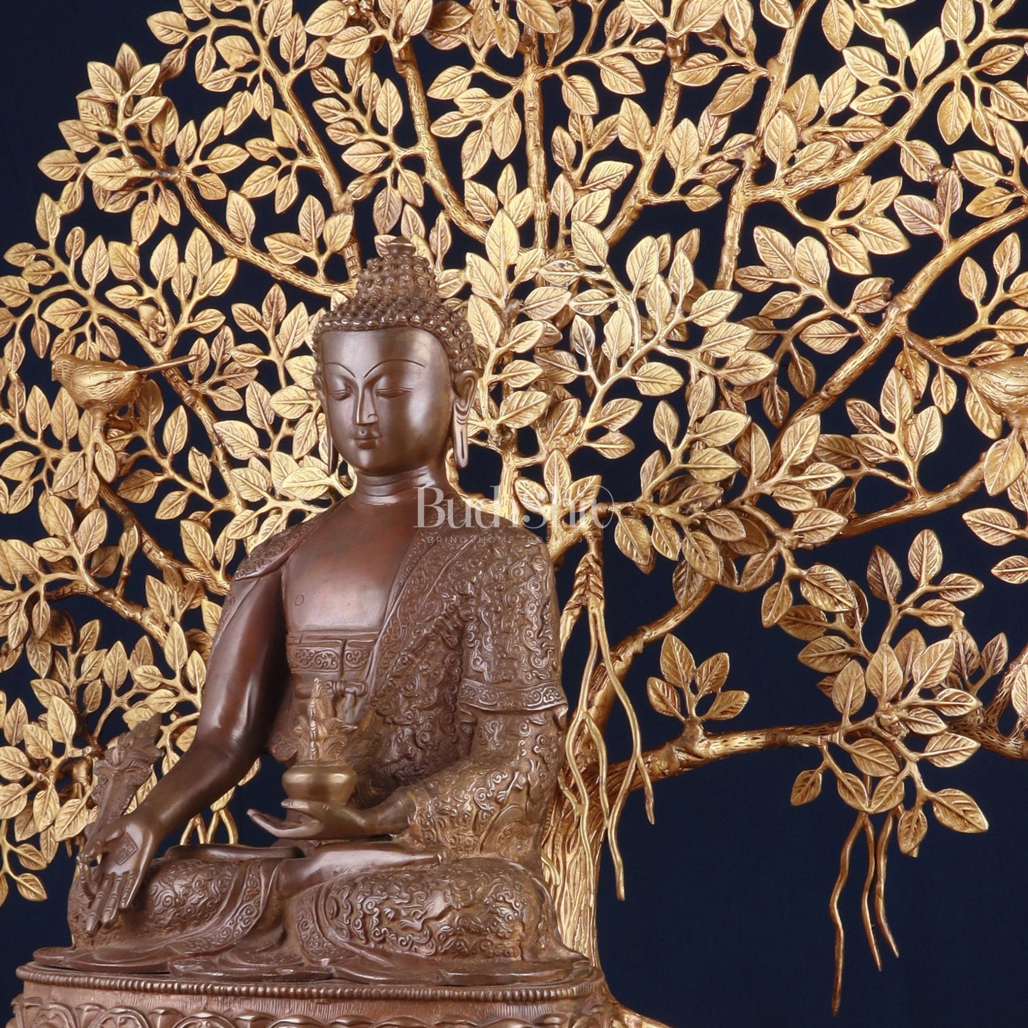 Brass Medicine Buddha Statue with Copper Finish & Superfine Kalpavriksha Tree – Spiritual Decor Set