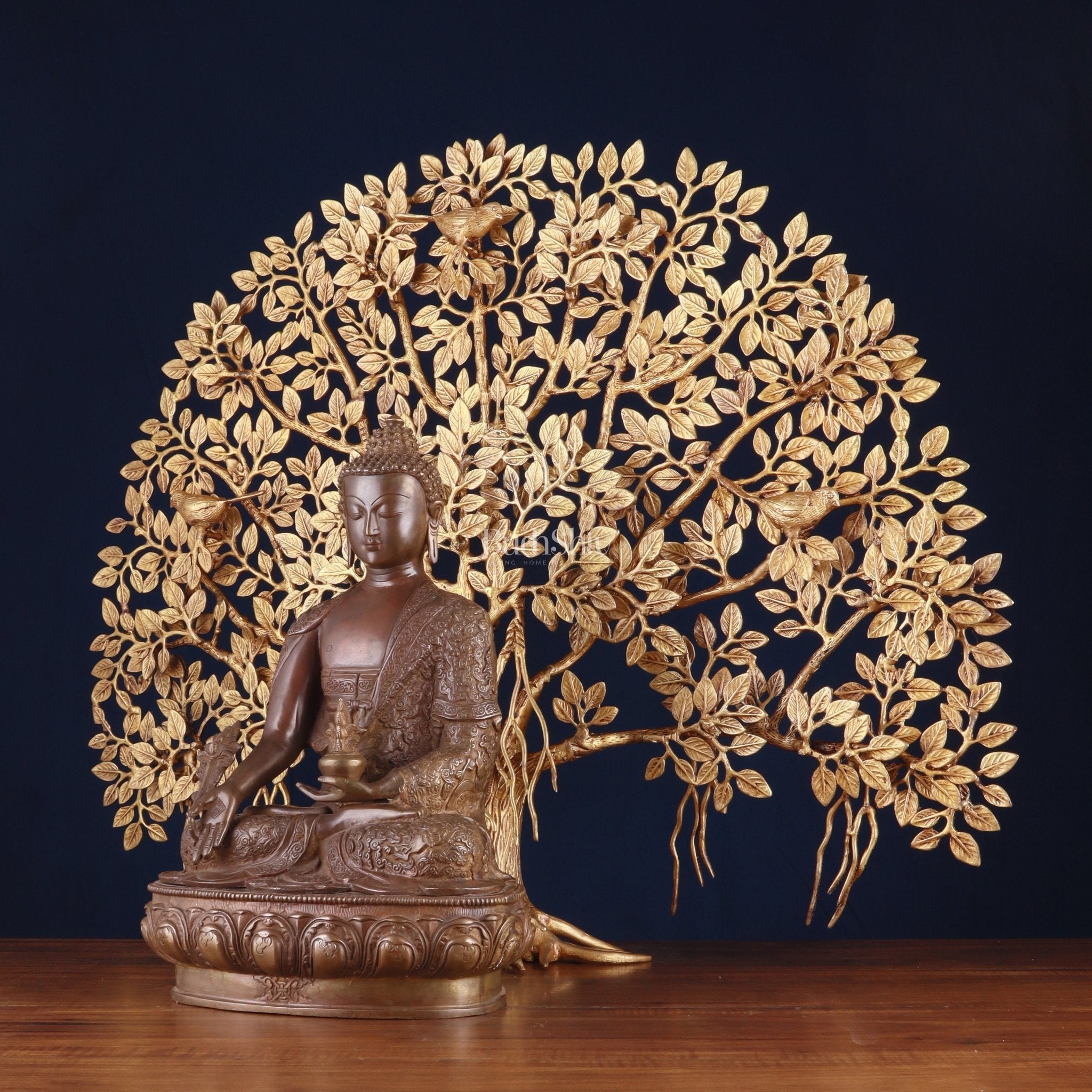 Brass Medicine Buddha Statue with Copper Finish & Superfine Kalpavriksha Tree – Spiritual Decor Set