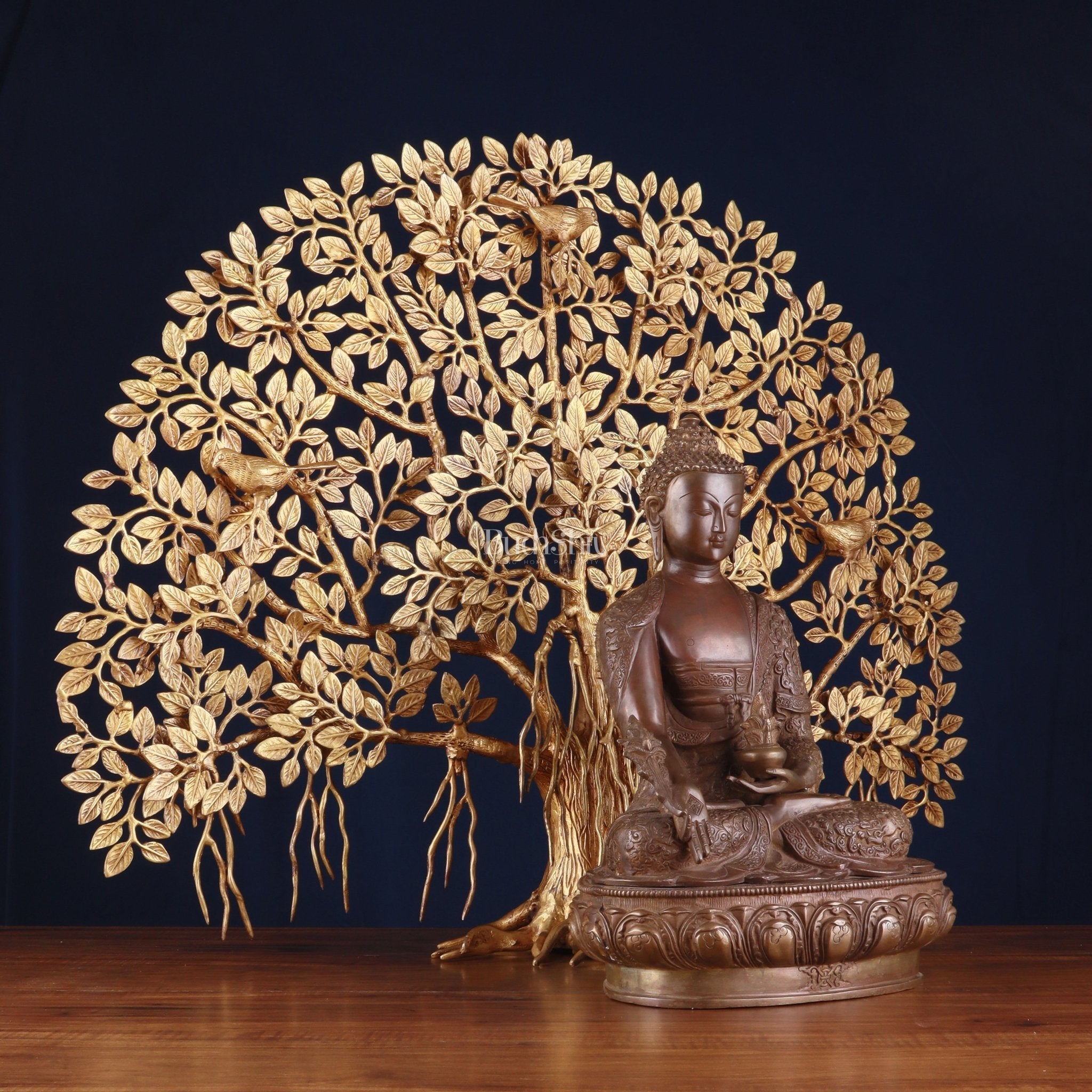 Brass Medicine Buddha Statue with Copper Finish & Superfine Kalpavriksha Tree – Spiritual Decor Set