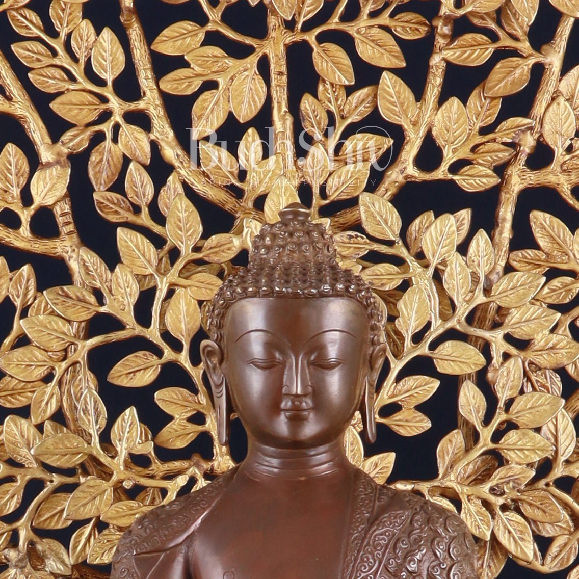 Brass Medicine Buddha Statue with Copper Finish & Superfine Kalpavriksha Tree – Spiritual Decor Set