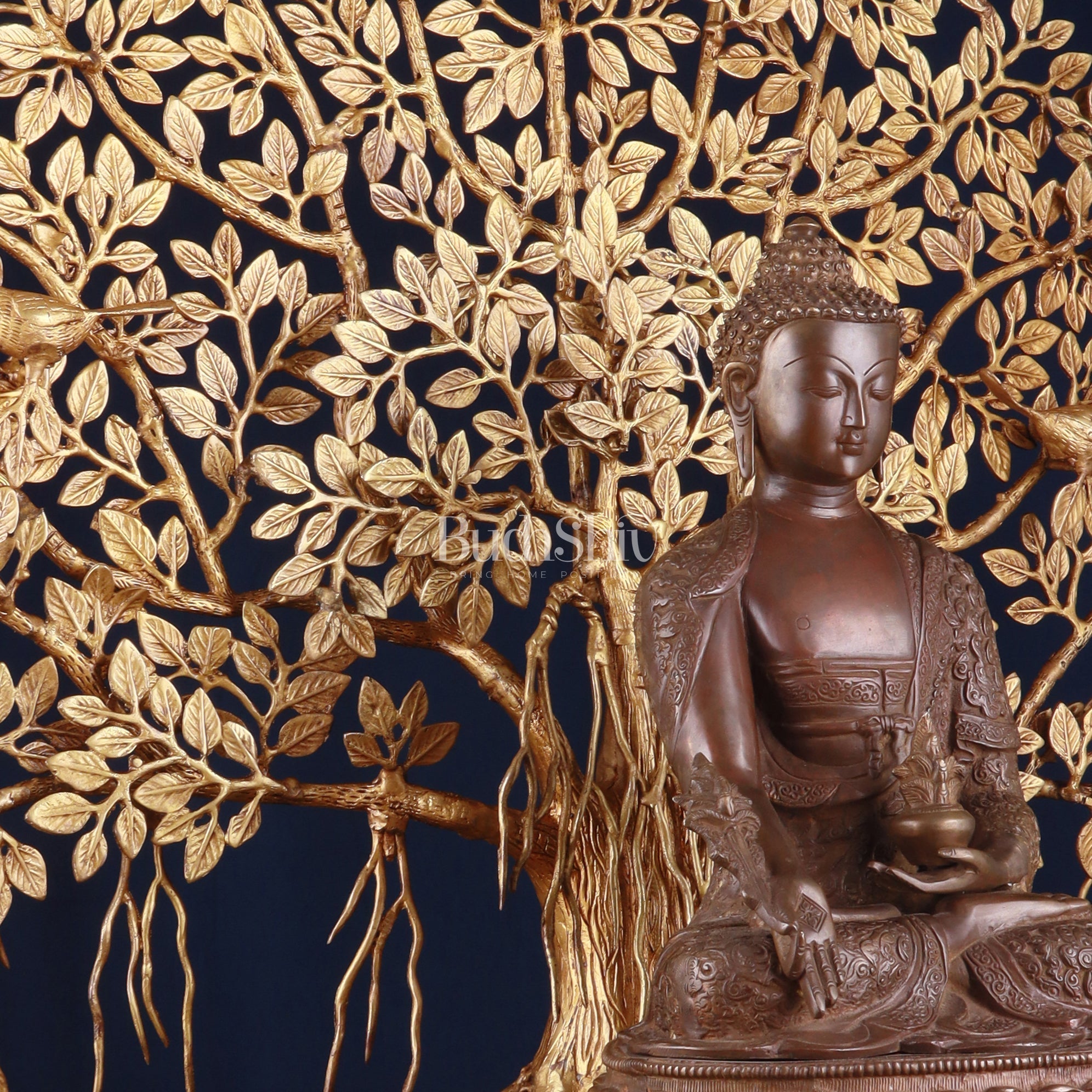 Brass Medicine Buddha Statue with Copper Finish & Superfine Kalpavriksha Tree – Spiritual Decor Set