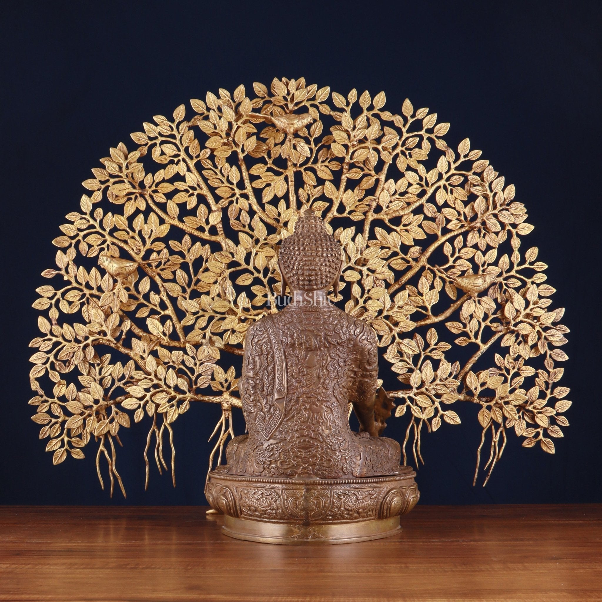 Brass Medicine Buddha Statue with Copper Finish & Superfine Kalpavriksha Tree – Spiritual Decor Set