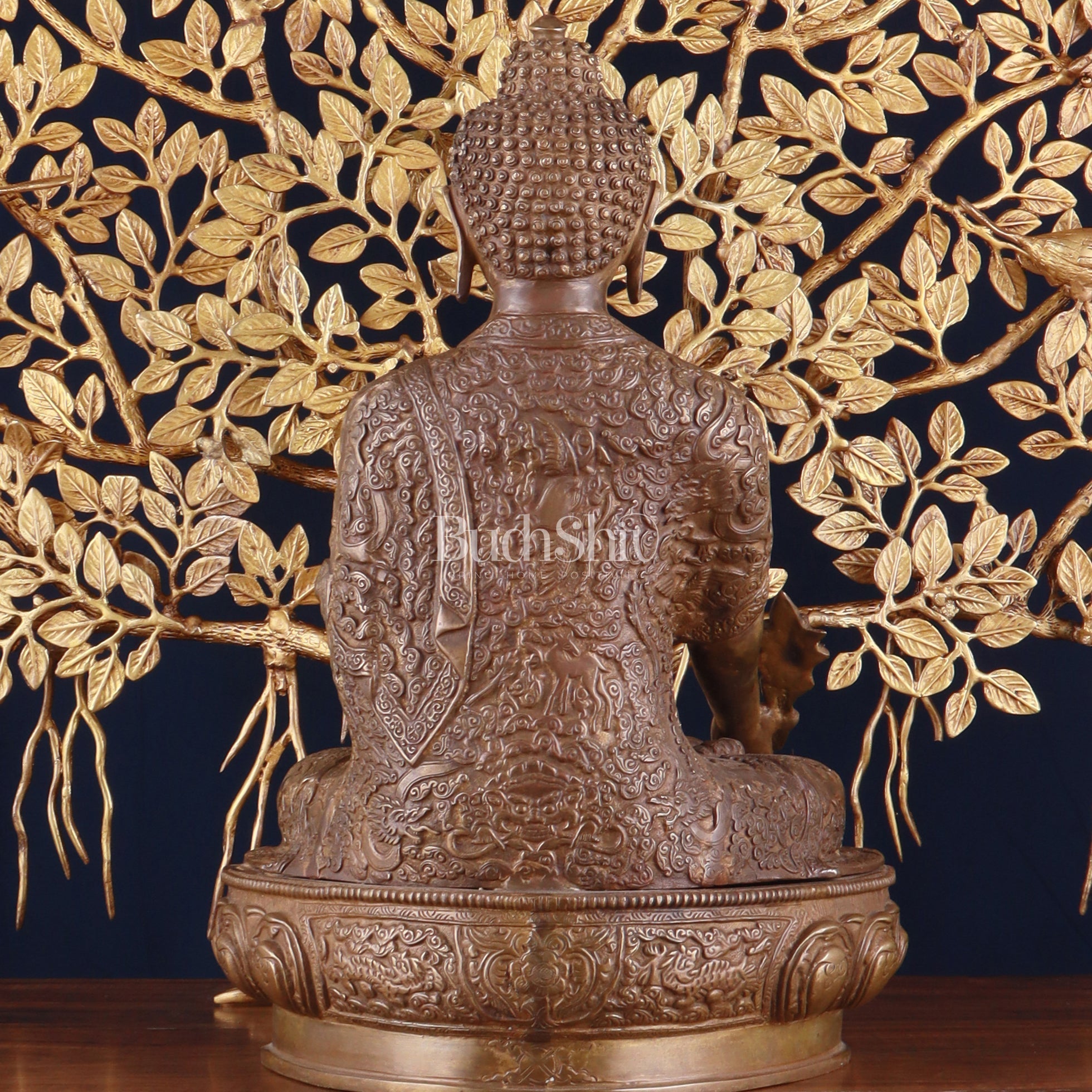Brass Medicine Buddha Statue with Copper Finish & Superfine Kalpavriksha Tree – Spiritual Decor Set