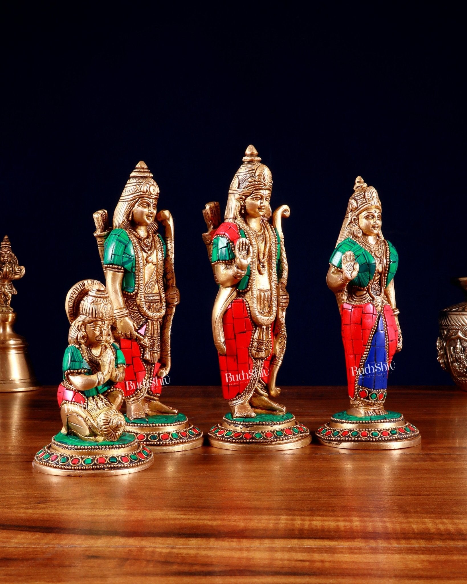 Brass Ramdarbar Idols Set - Lord Ram, Sita, Lakshman, Hanuman 8" stonework