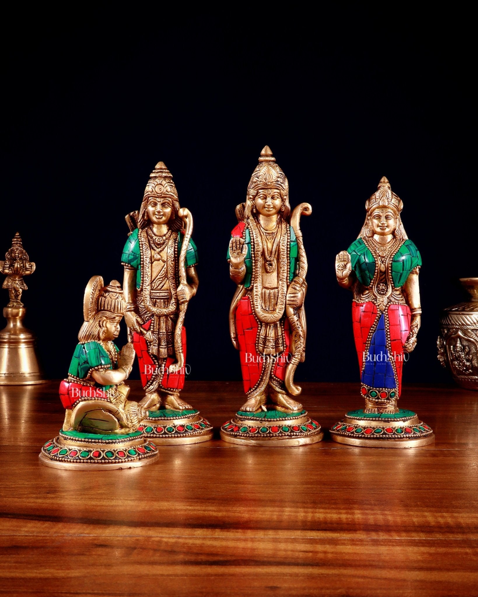Brass Ramdarbar Idols Set - Lord Ram, Sita, Lakshman, Hanuman 8" stonework