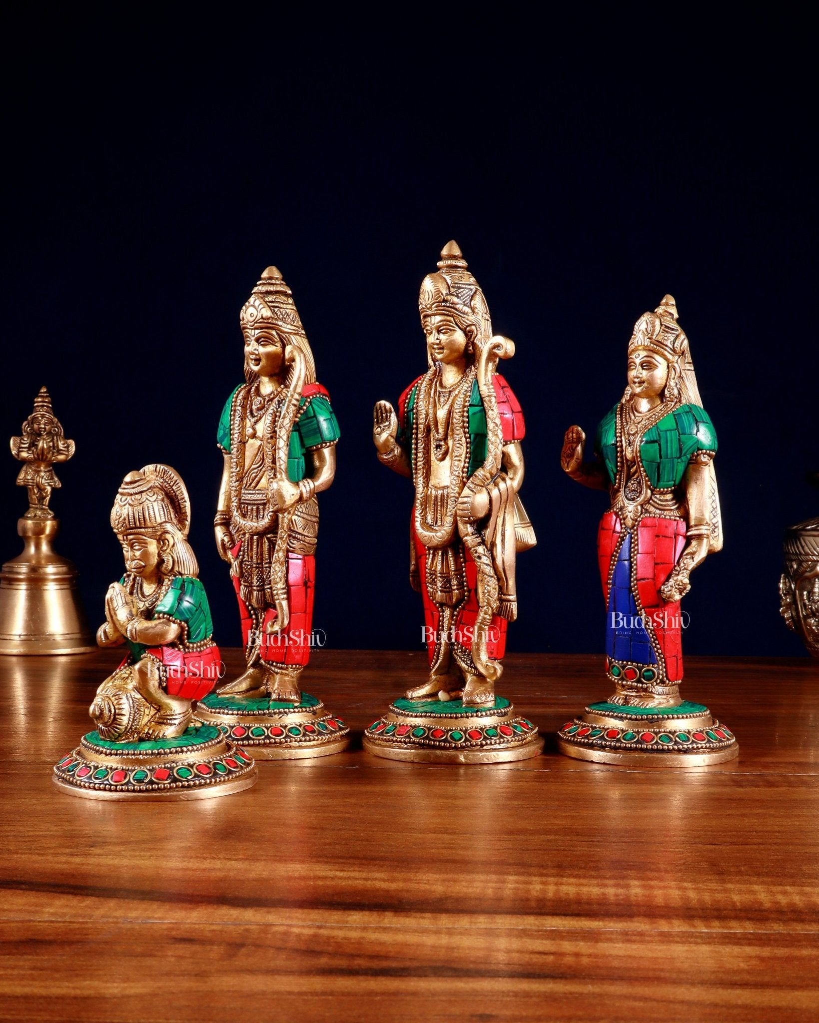 Brass Ramdarbar Idols Set - Lord Ram, Sita, Lakshman, Hanuman 8" stonework