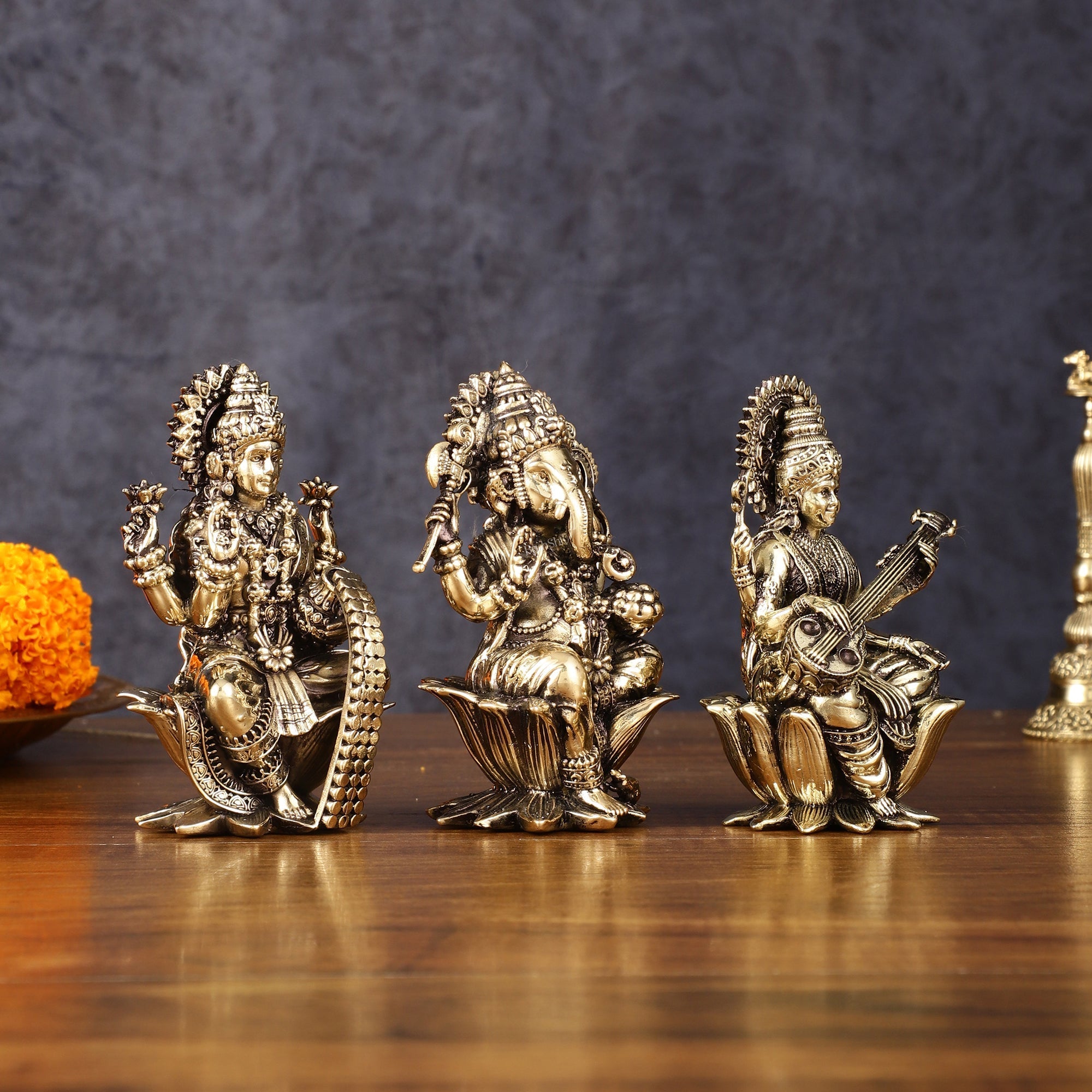 Brass Superfine Ganesh Lakshmi Saraswati Idols - 4 Inch