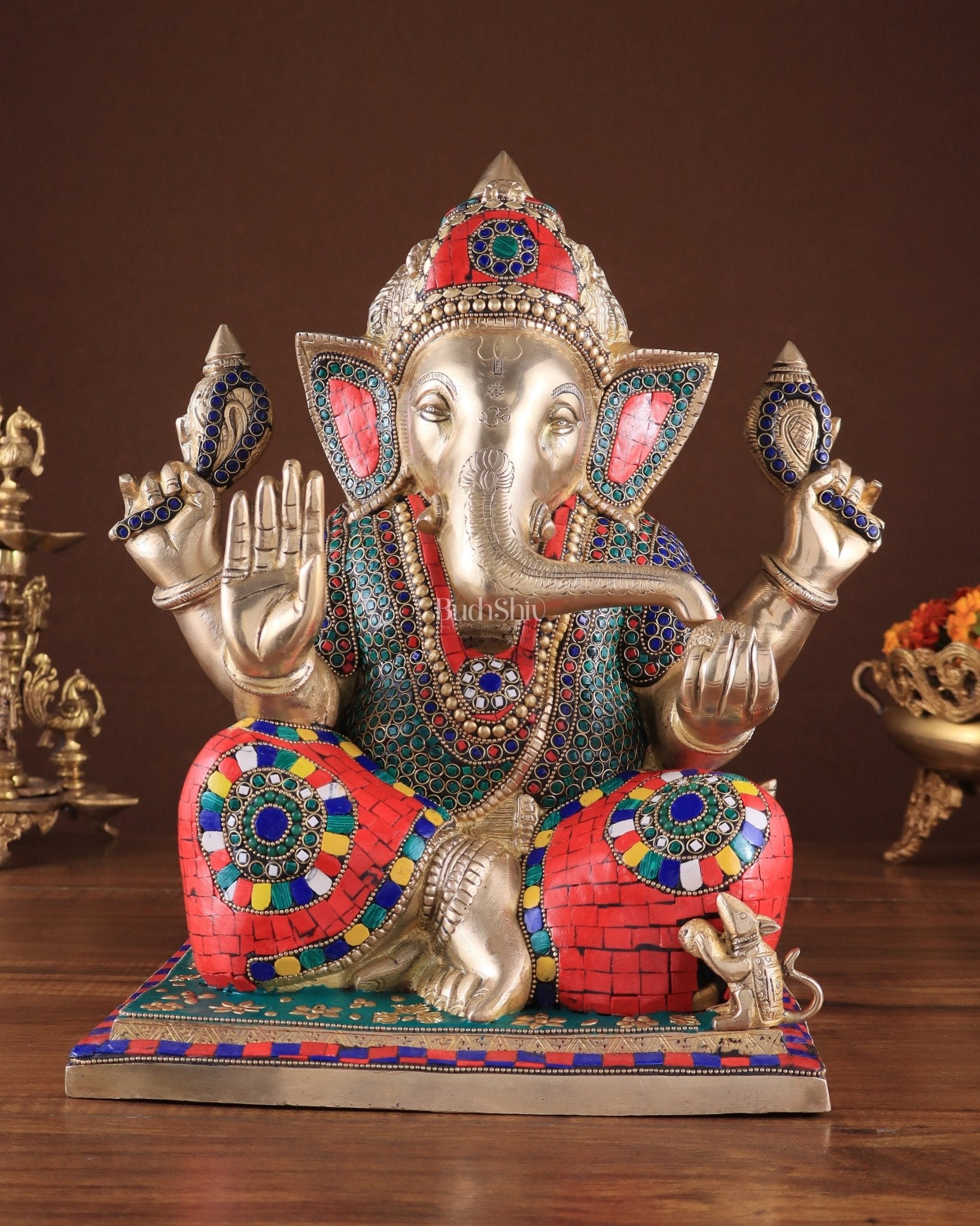Brass Superfine Ganesha statue 15" meenakari Stonework