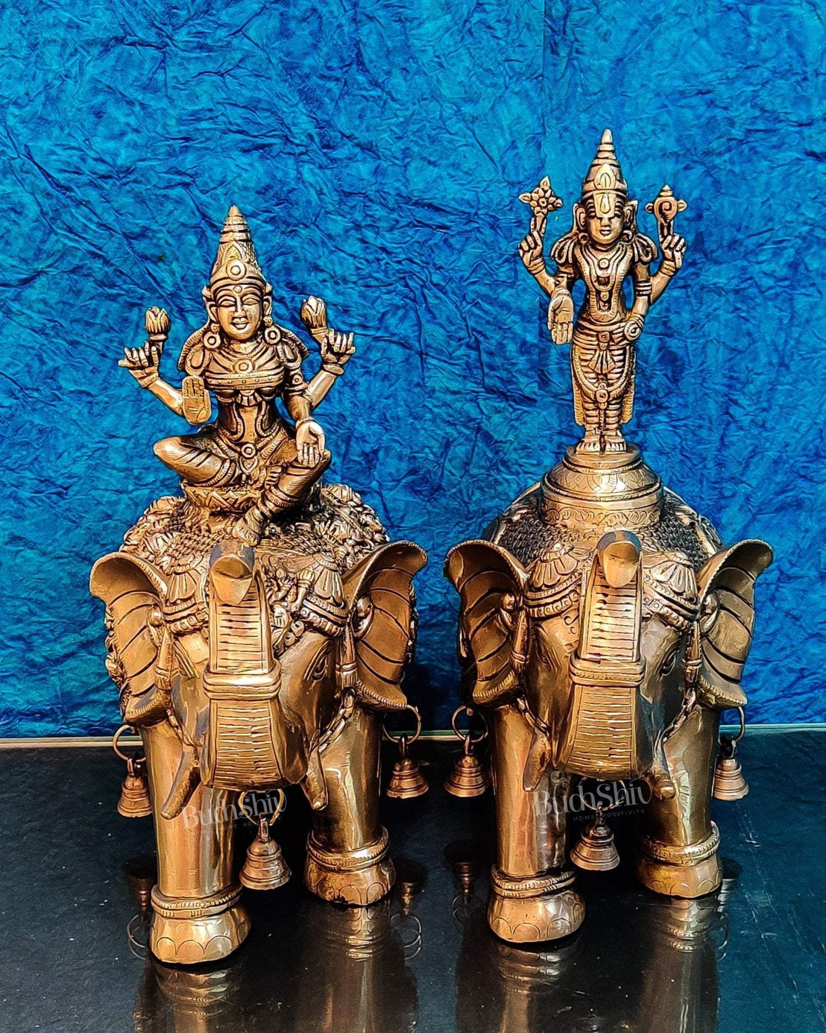Brass Superfine Pair of Engraved Elephants with Goddess Lakshmi and Lord Tirupati Balaji | Auspicious Home Decor |