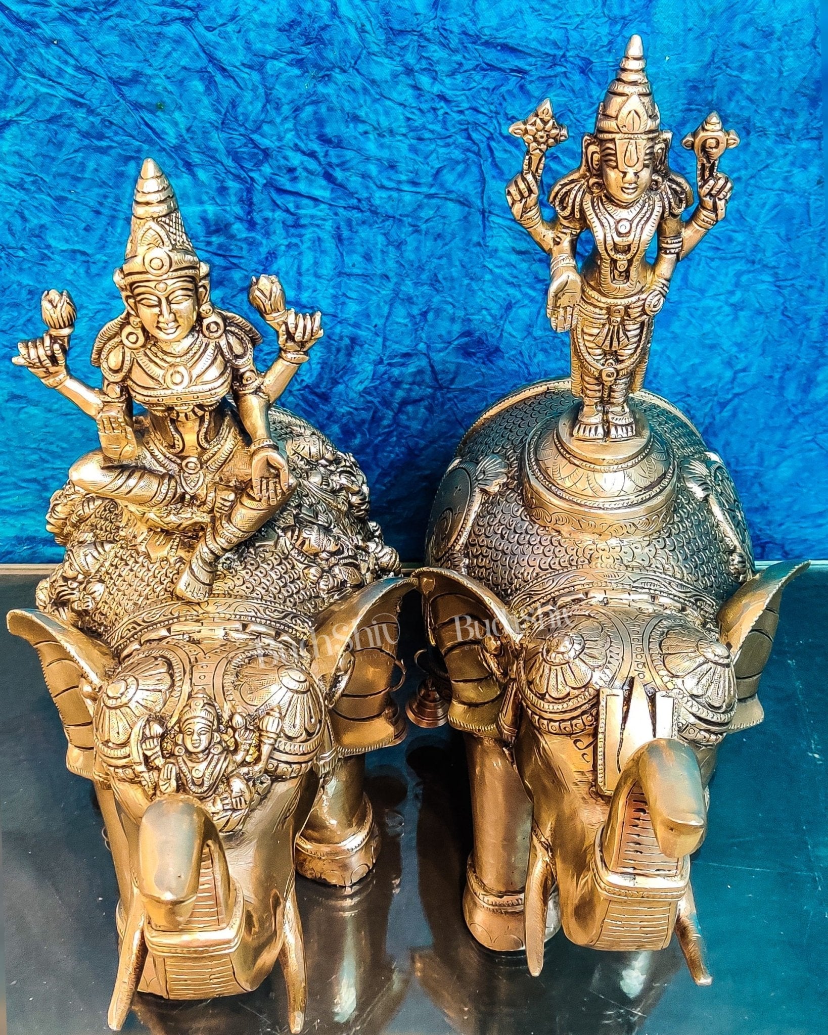 Brass Superfine Pair of Engraved Elephants with Goddess Lakshmi and Lord Tirupati Balaji | Auspicious Home Decor |