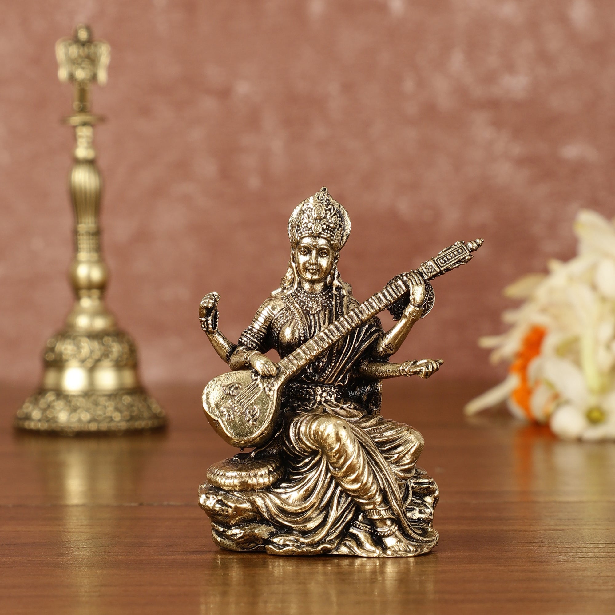 Brass Superfine Saraswati Miniature Idol - 3" Tall