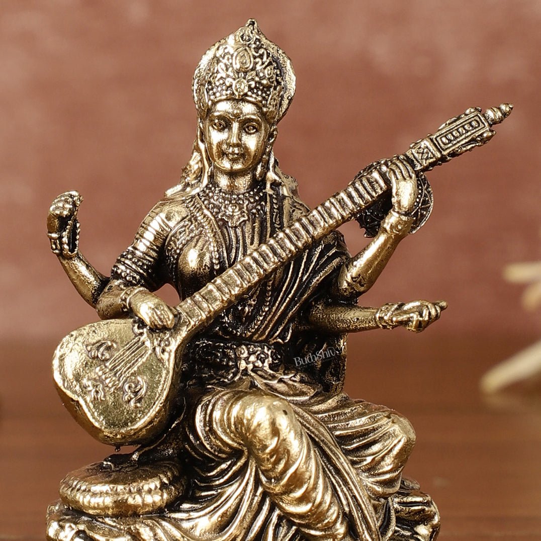 Brass Superfine Saraswati Miniature Idol - 3" Tall