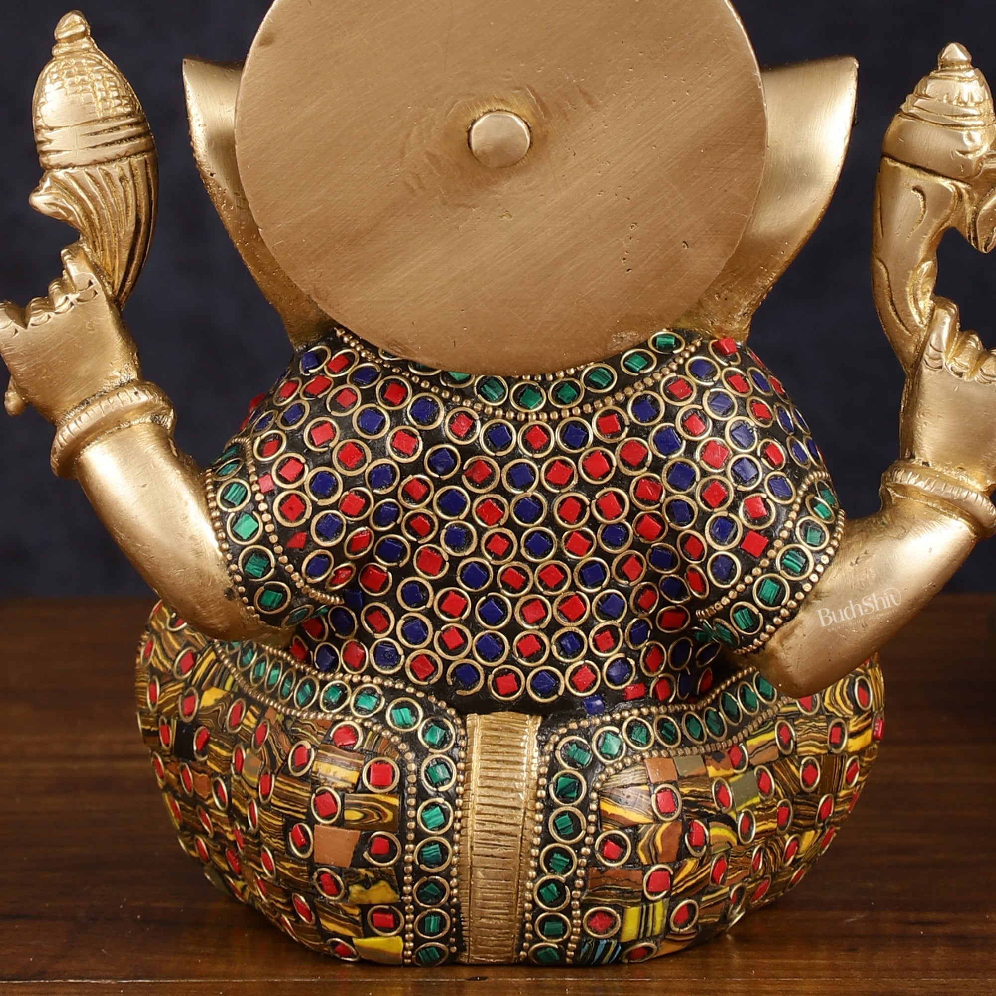 Brass Taj Ganesha Idol with Stonework - 8" Height, Divine Artistry