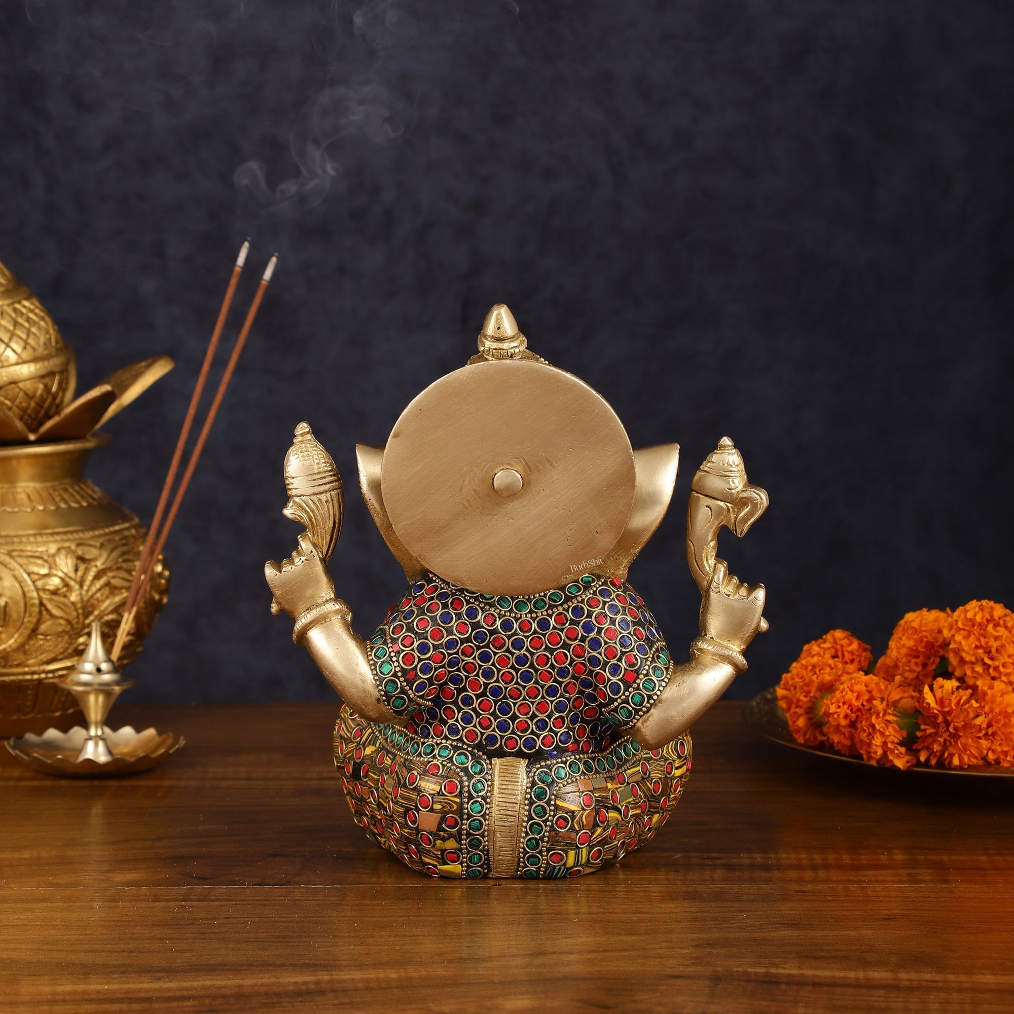 Brass Taj Ganesha Idol with Stonework - 8" Height, Divine Artistry