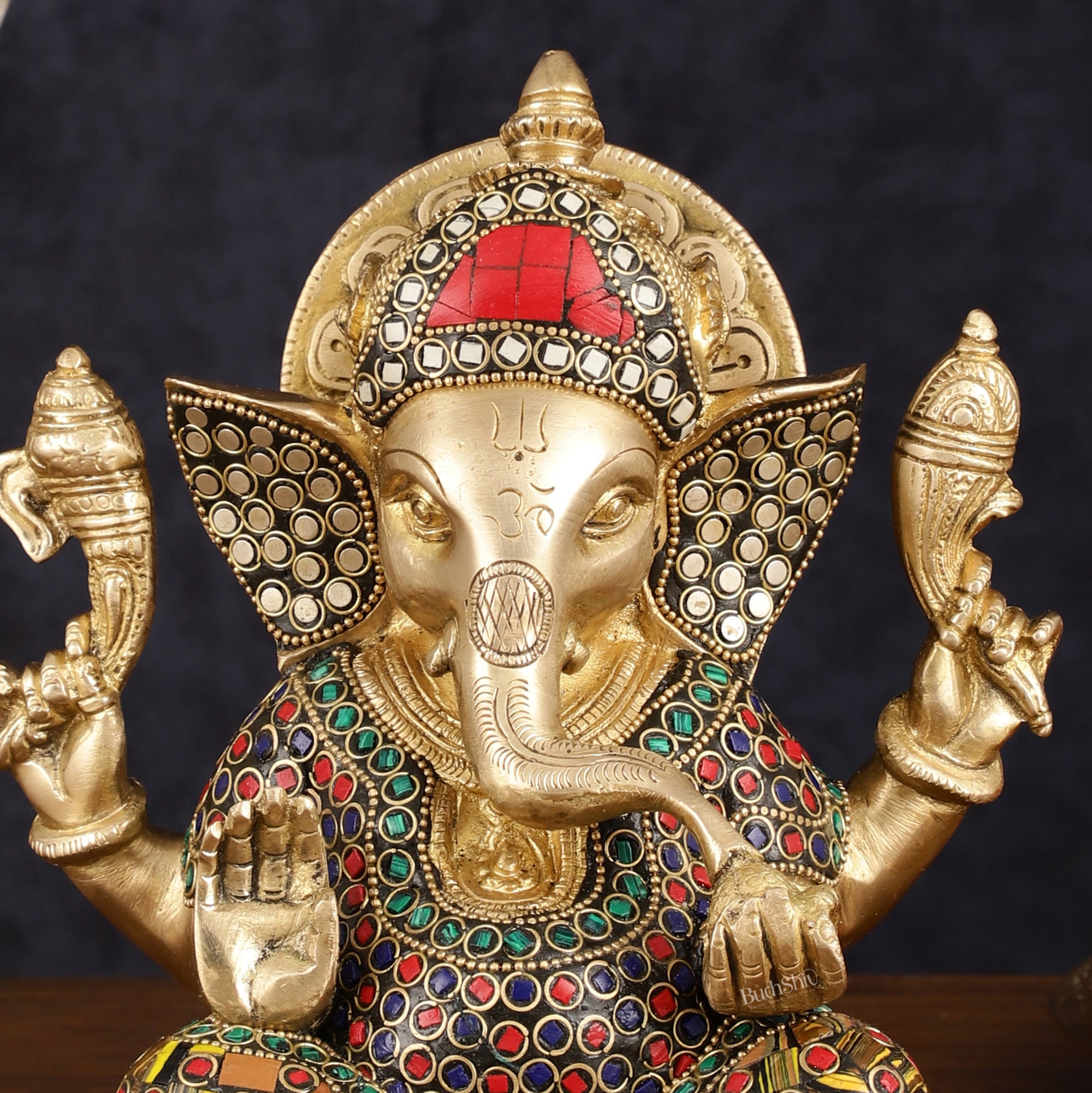 Brass Taj Ganesha Idol with Stonework - 8" Height, Divine Artistry