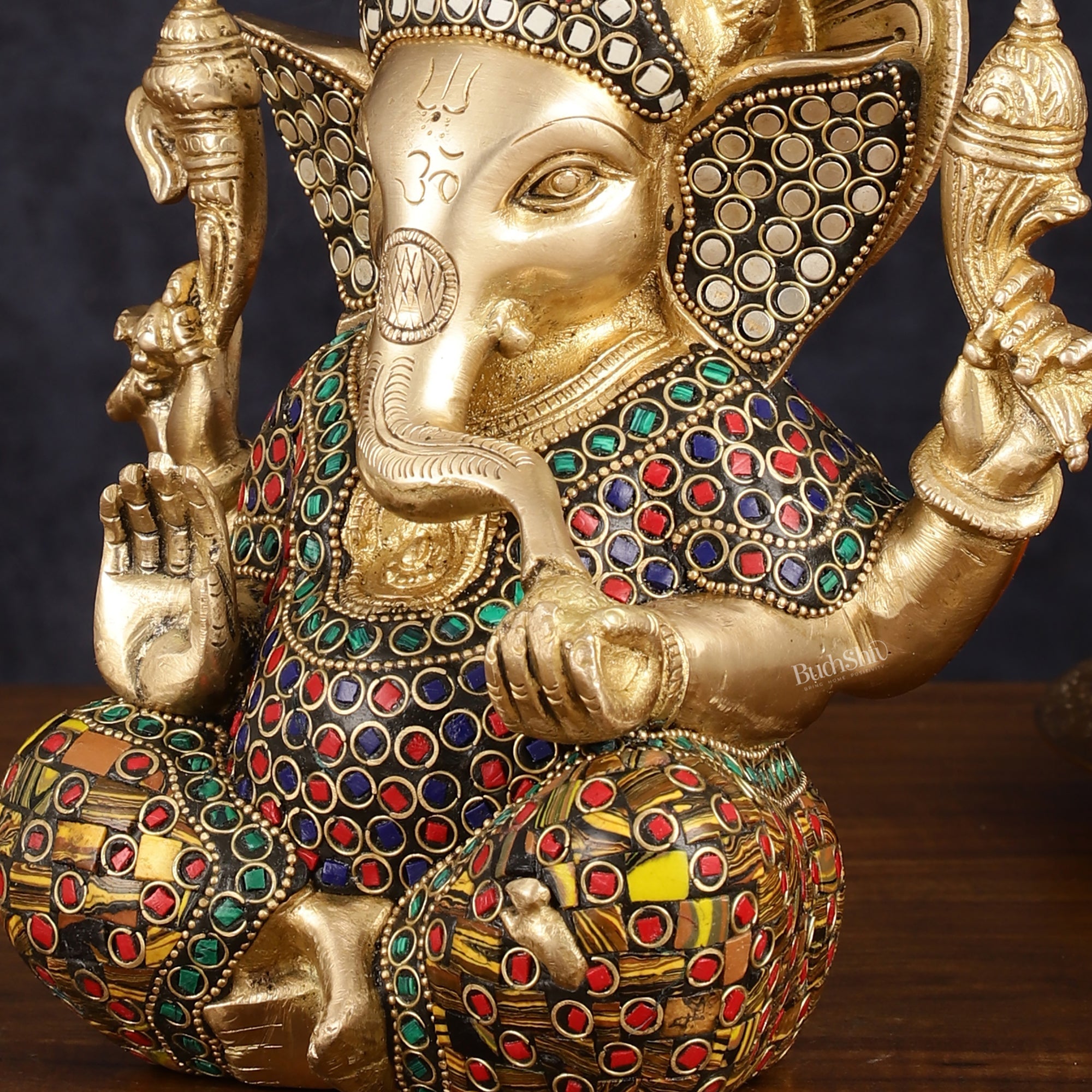 Brass Taj Ganesha Idol with Stonework - 8" Height, Divine Artistry