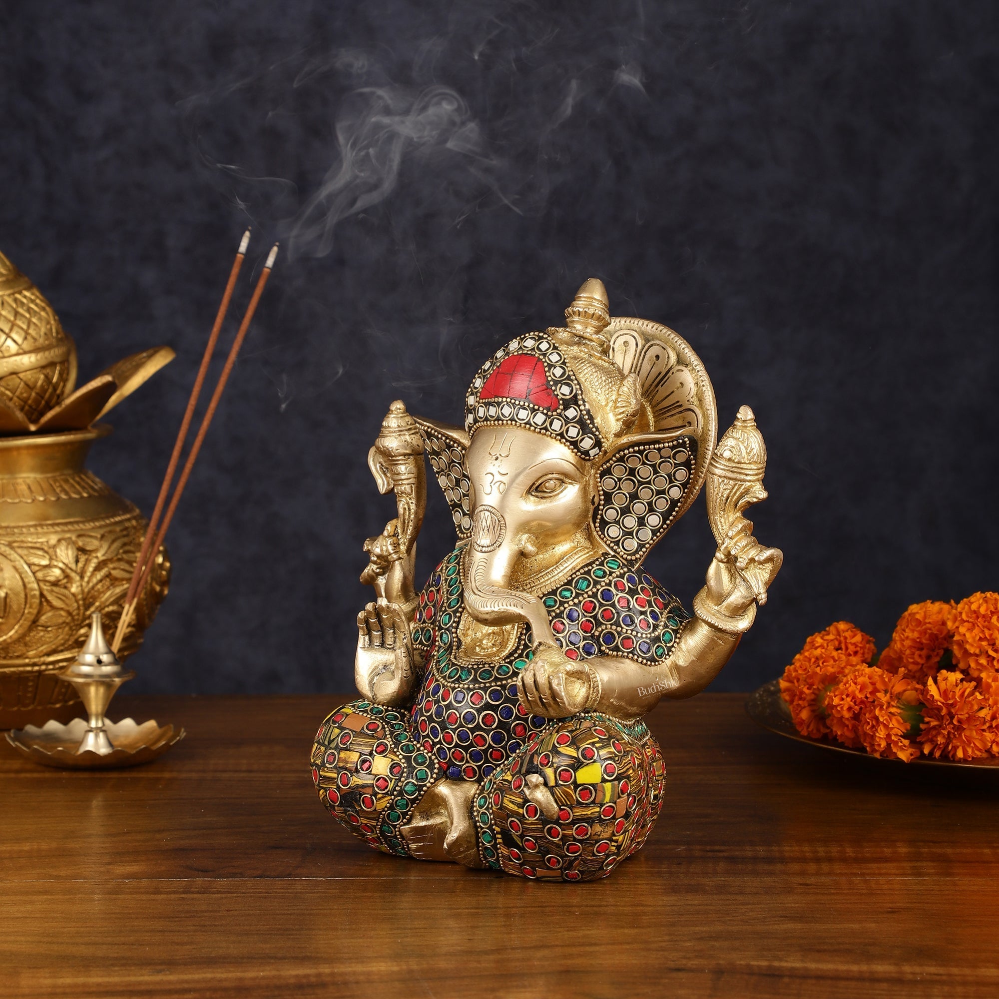 Brass Taj Ganesha Idol with Stonework - 8" Height, Divine Artistry