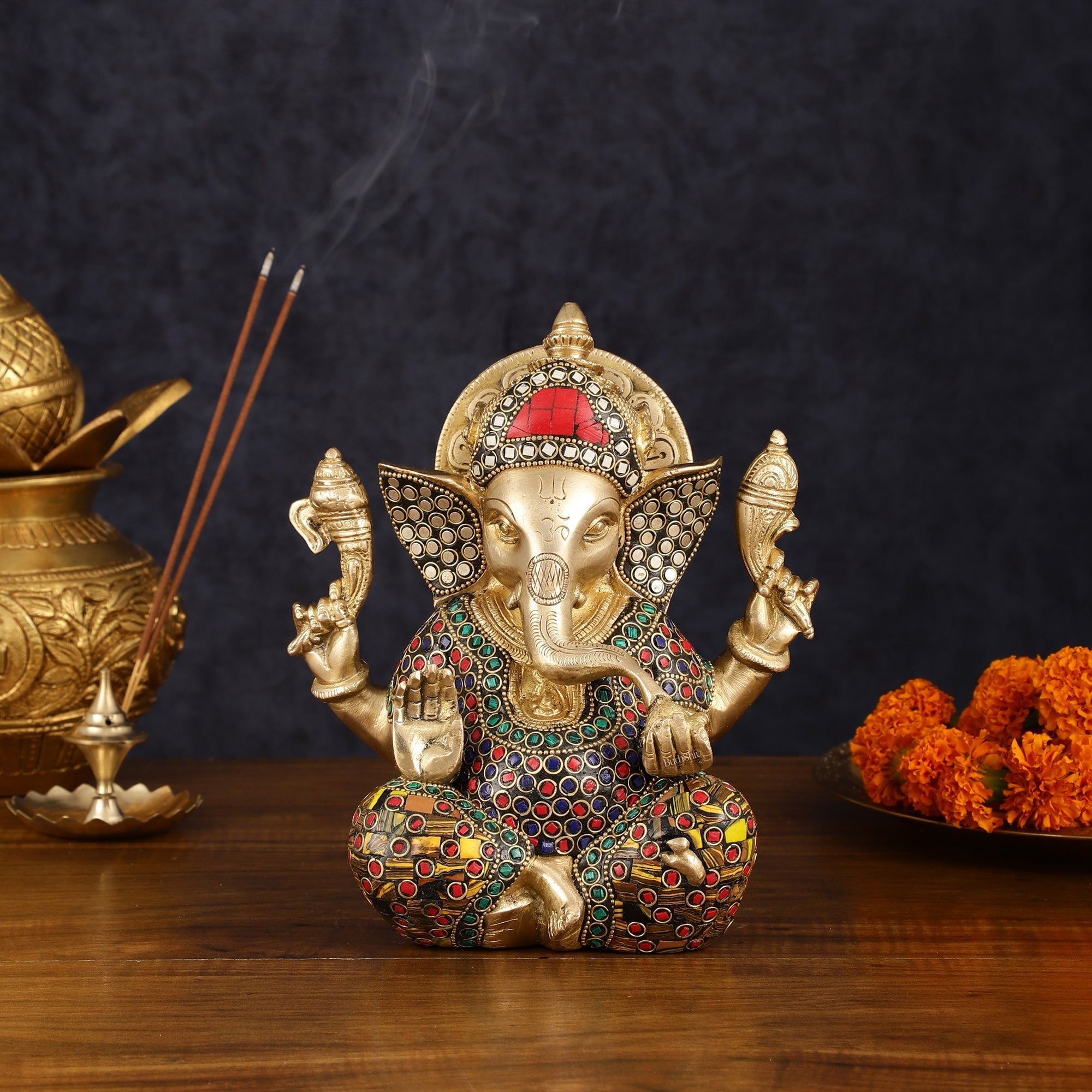Brass Taj Ganesha Idol with Stonework - 8" Height, Divine Artistry
