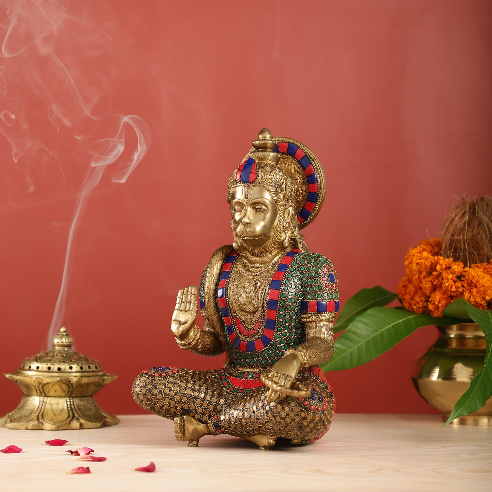 Brass Divine Hanuman Brass Hanuman Idol in Abhaya Mudra | Pure Brass with Stonework | 11"