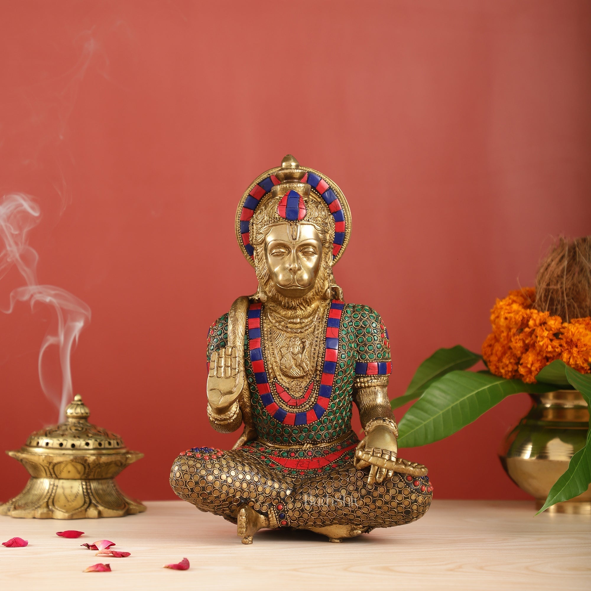 Brass Divine Hanuman Brass Hanuman Idol in Abhaya Mudra | Pure Brass with Stonework | 11"
