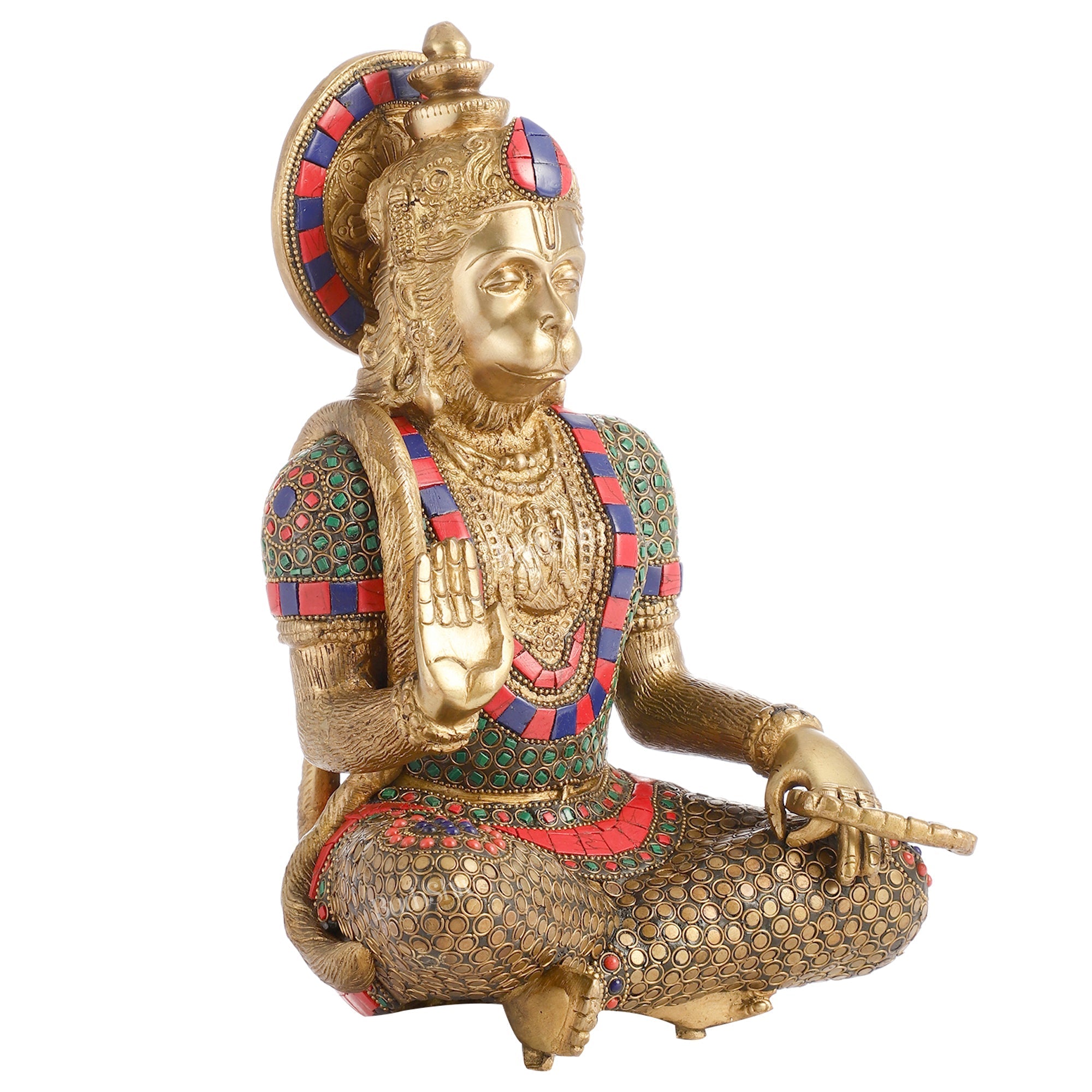 Brass Divine Hanuman Brass Hanuman Idol in Abhaya Mudra | Pure Brass with Stonework | 11"