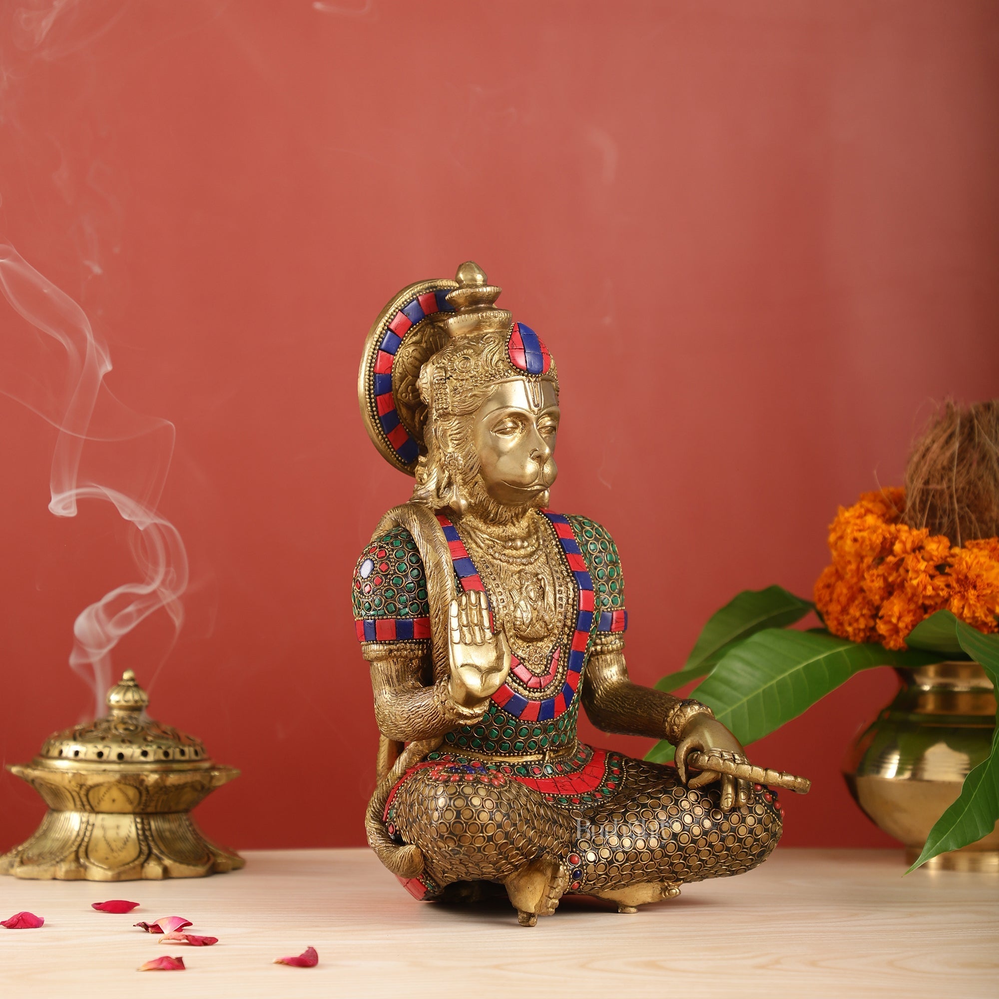 Brass Divine Hanuman Brass Hanuman Idol in Abhaya Mudra | Pure Brass with Stonework | 11"