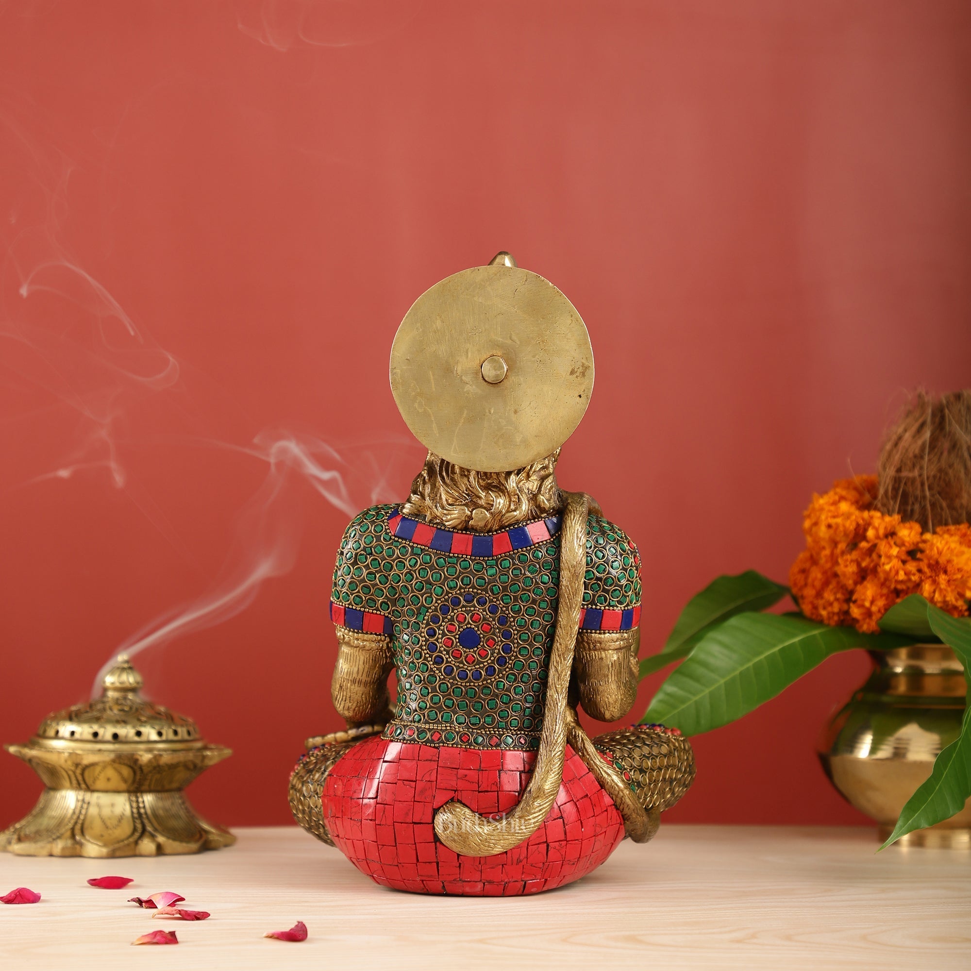 Brass Divine Hanuman Brass Hanuman Idol in Abhaya Mudra | Pure Brass with Stonework | 11"