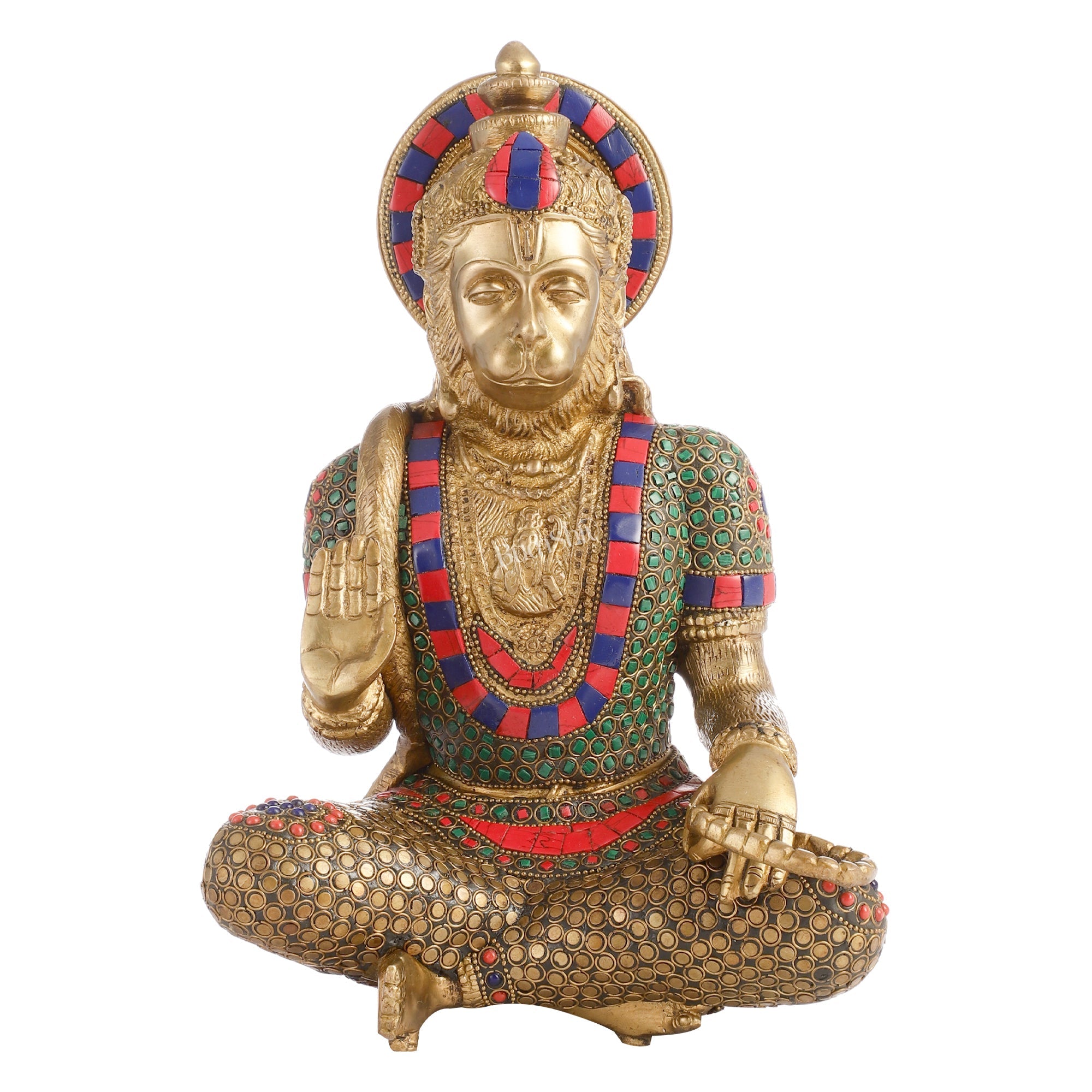 Brass Divine Hanuman Brass Hanuman Idol in Abhaya Mudra | Pure Brass with Stonework | 11"