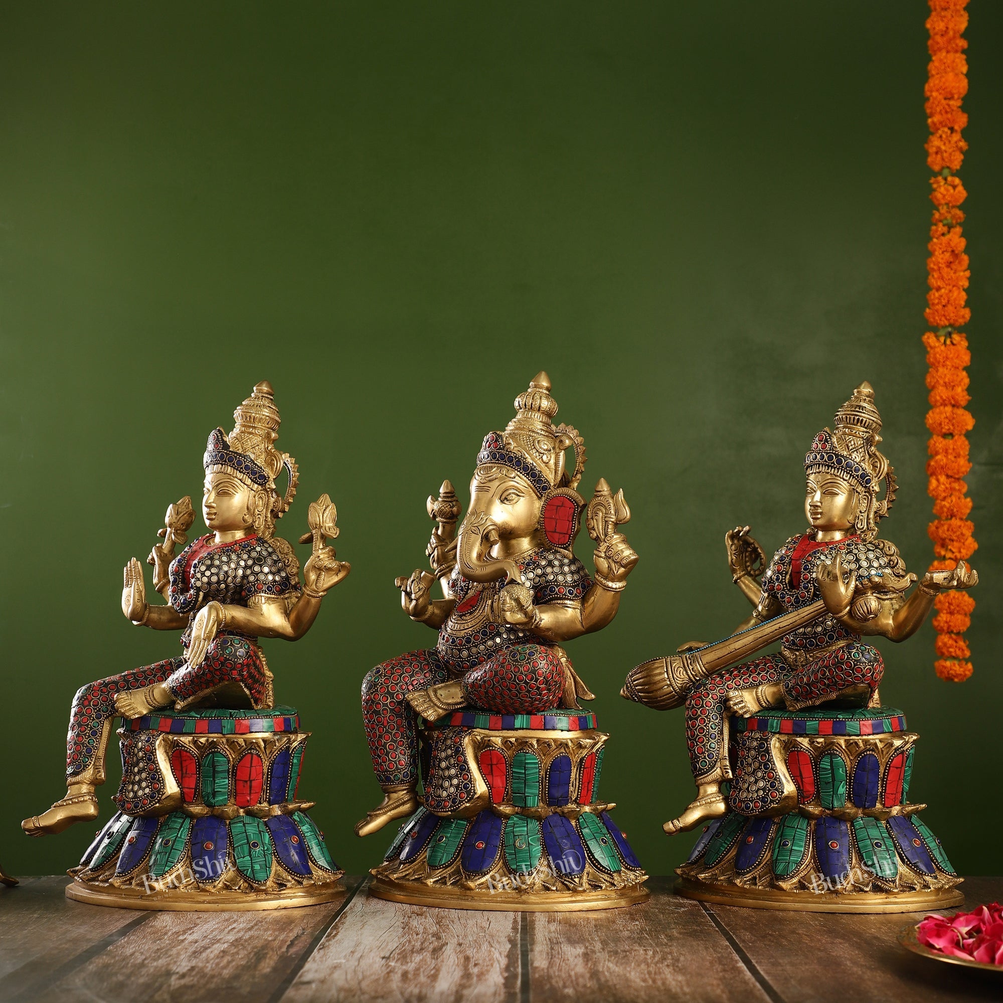 Pure Brass Ganesh lakshmi Saraswati Idols 15 inch