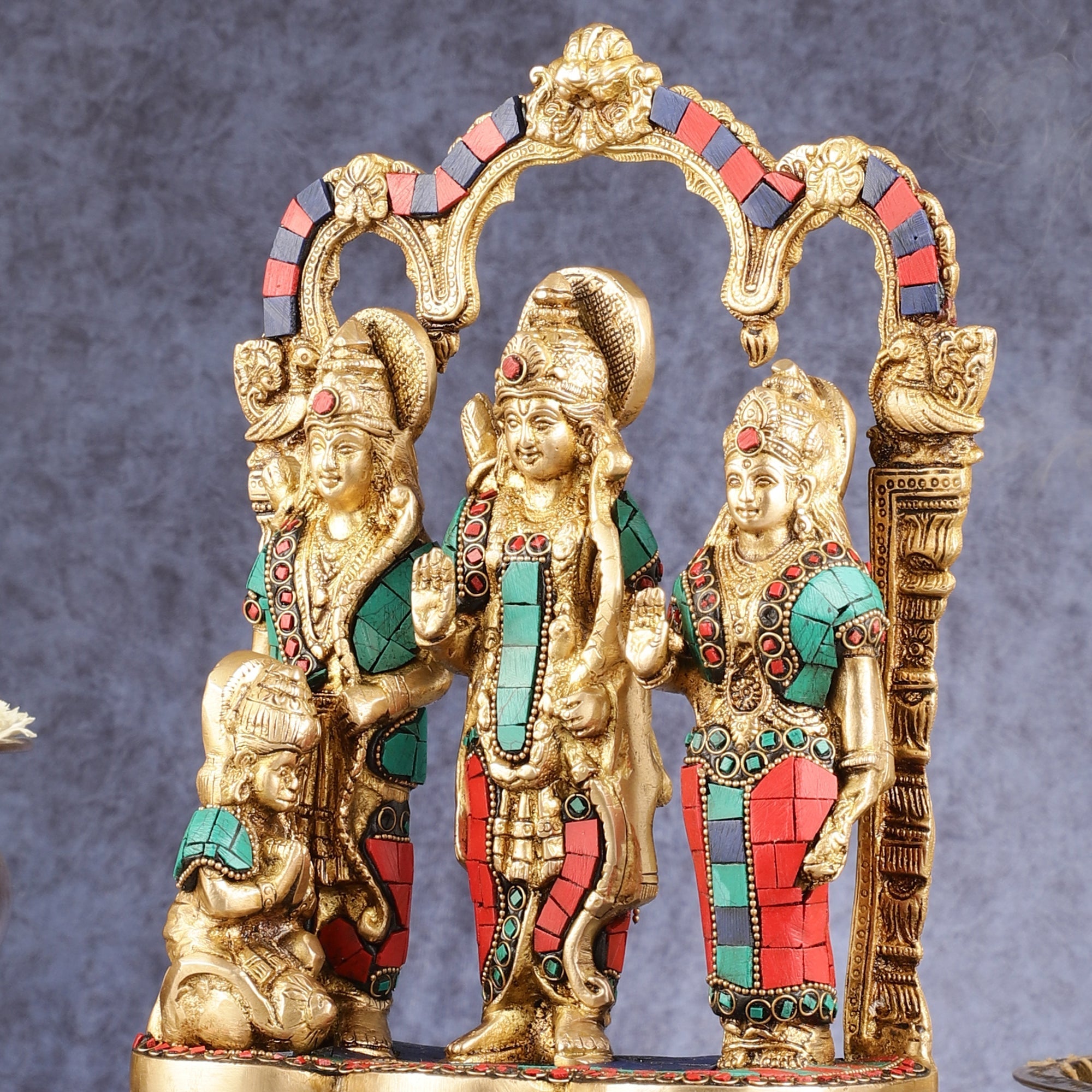 Exquisite Brass Ram Darbar with Inlay Stonework - 11 Inch